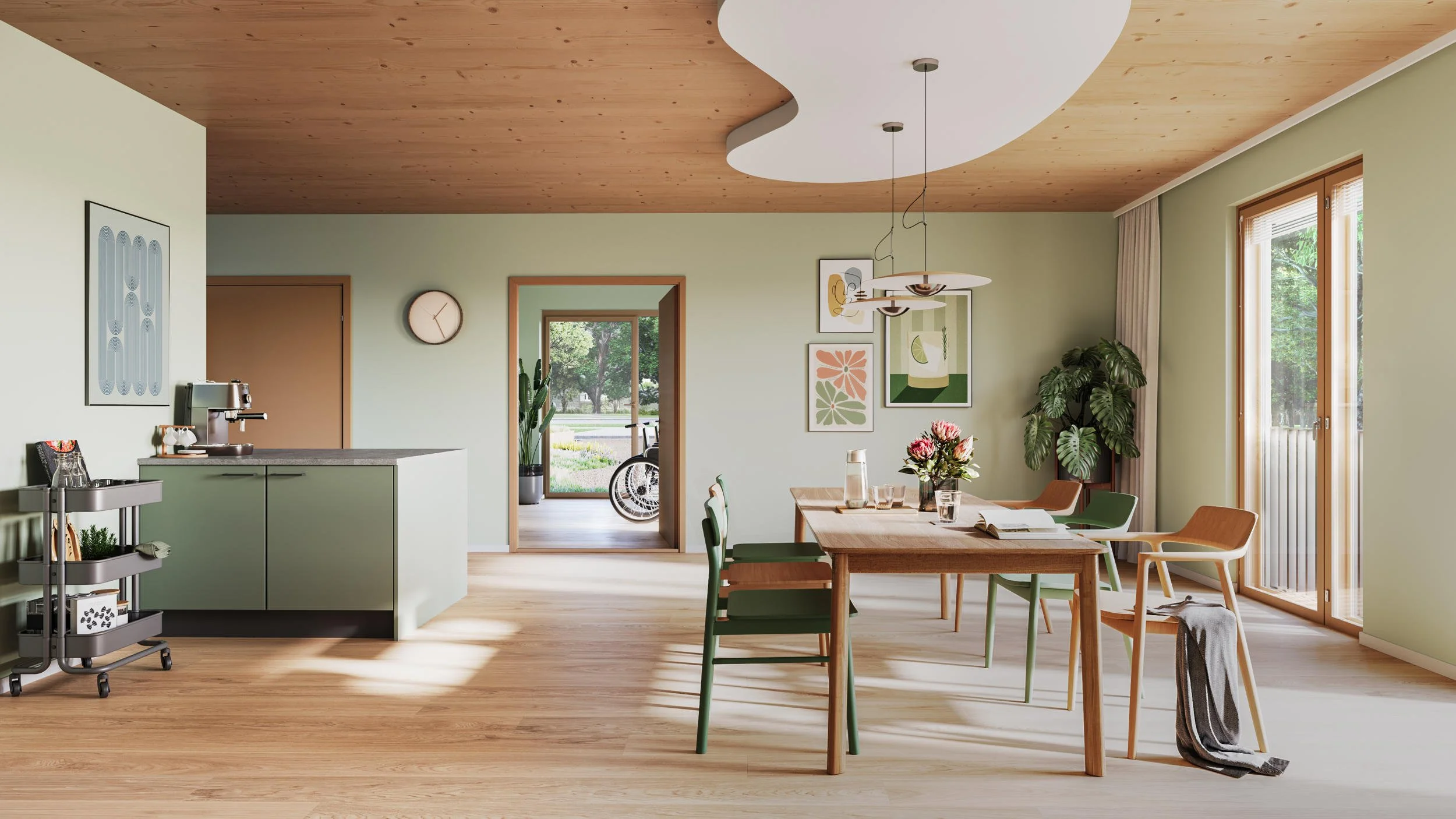 Duurzame keuken & leefruimte: Interieurvisualisatie voor een woningbouw-tender met focus op natuurlijke materialen en verbinding met de omliggende tuin.