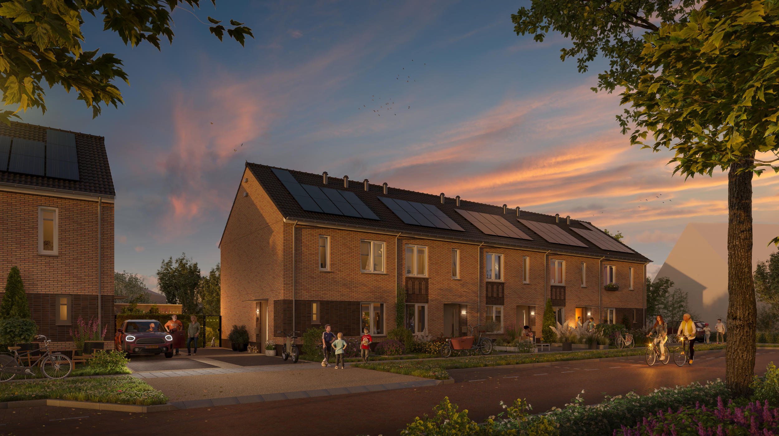 Zomerse avondimpressie van duurzame woningbouw: Architectonische visualisatie van energiezuinige woningen tijdens een warme zomeravond. Focus op de balans tussen strijklicht, schaduwwerking en het oplichten van de interieurs voor projectontwikkeling.
