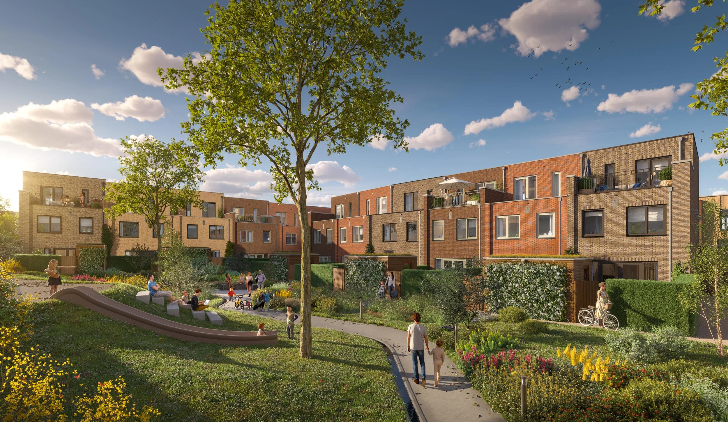 "Sfeervolle impressie van binnentuin van moderne architectuur langs een glooiend, natuurlijk pad, waarbij de focus ligt op een rustige woonbeleving.