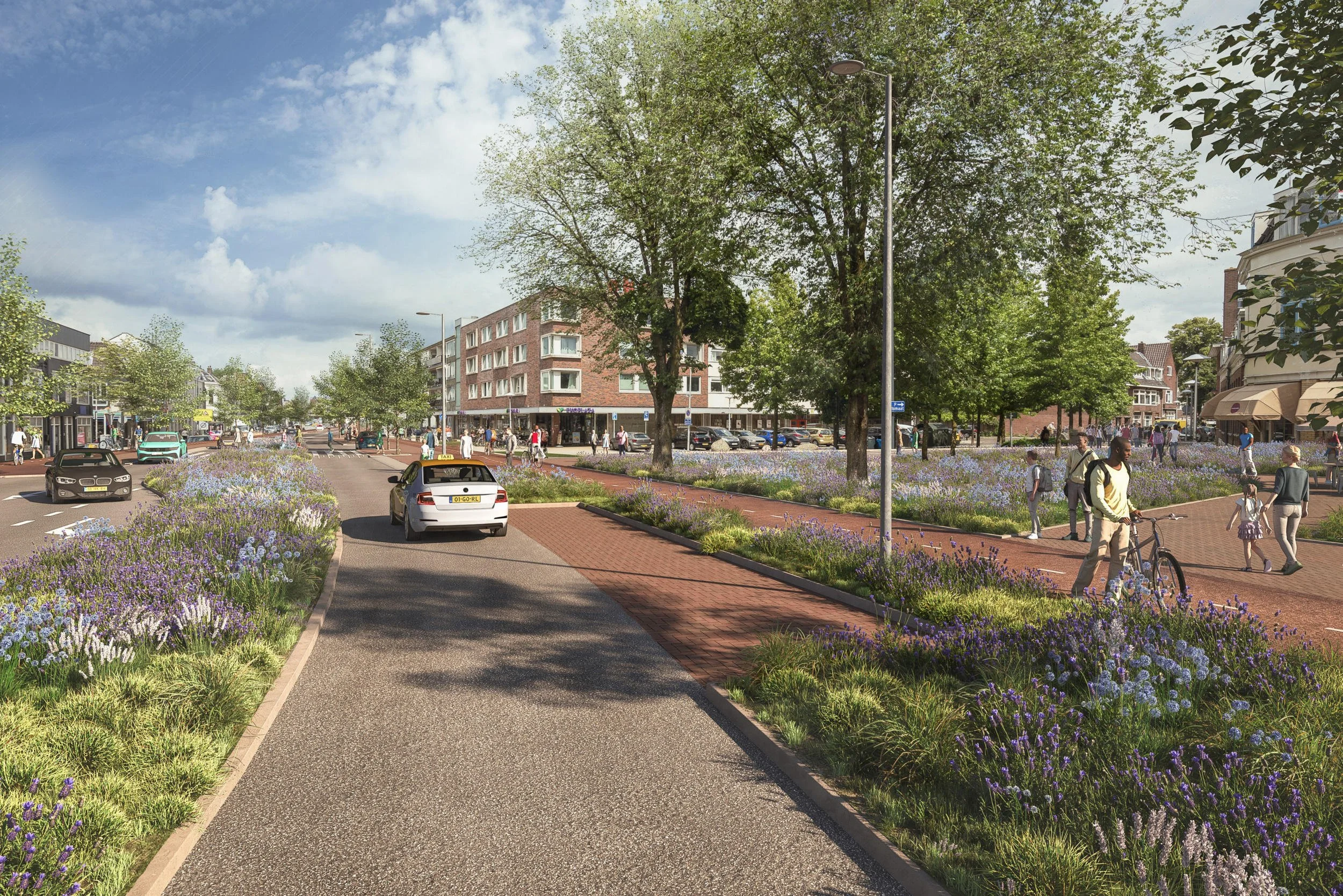Nieuw ontwerp Amsterdamsestraatweg: meer ruimte voor groen, wandelen en winkelen. Artist impression van de herinrichting door Trazar.