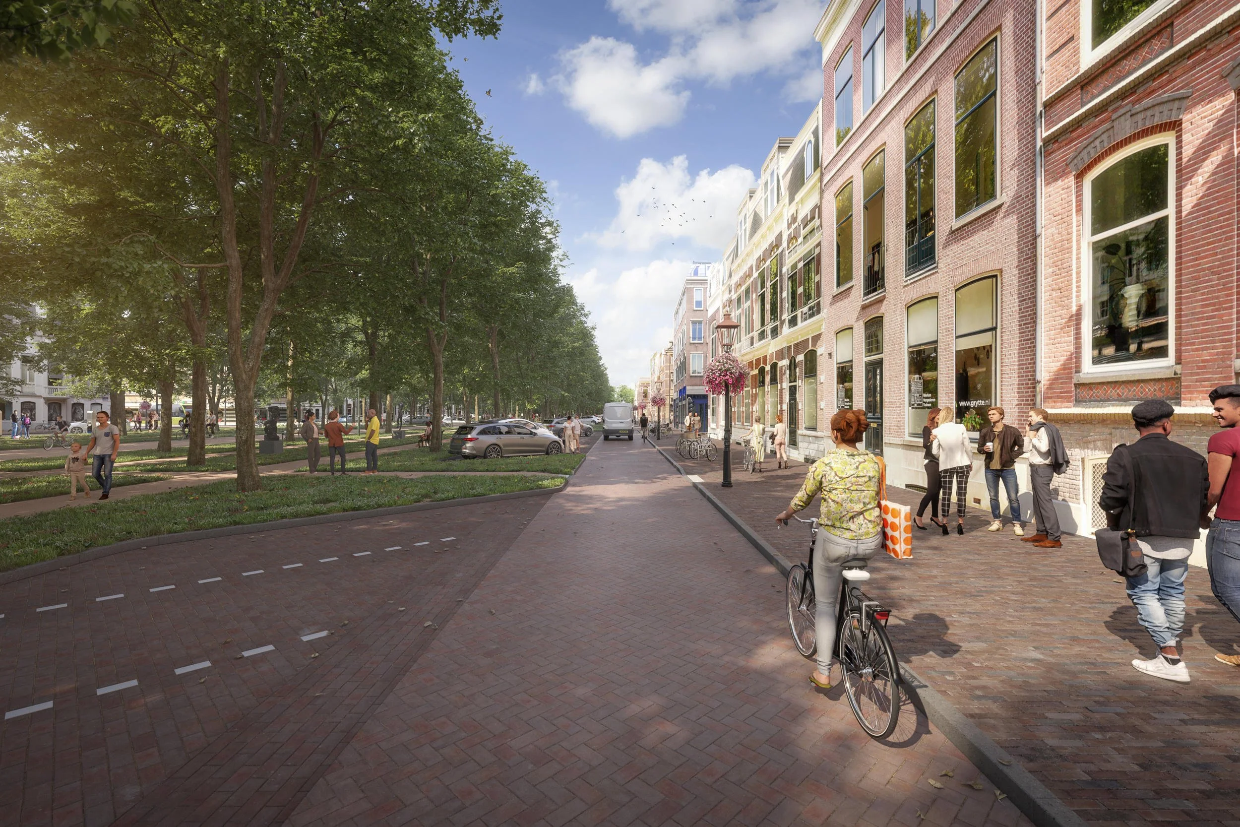Artist impression van de herinrichting van de Maliebaan in Utrecht. Een nieuw ontwerp met een autovrij wandelpad, fietspaden en extra groenvoorziening. Impressie door Trazar.