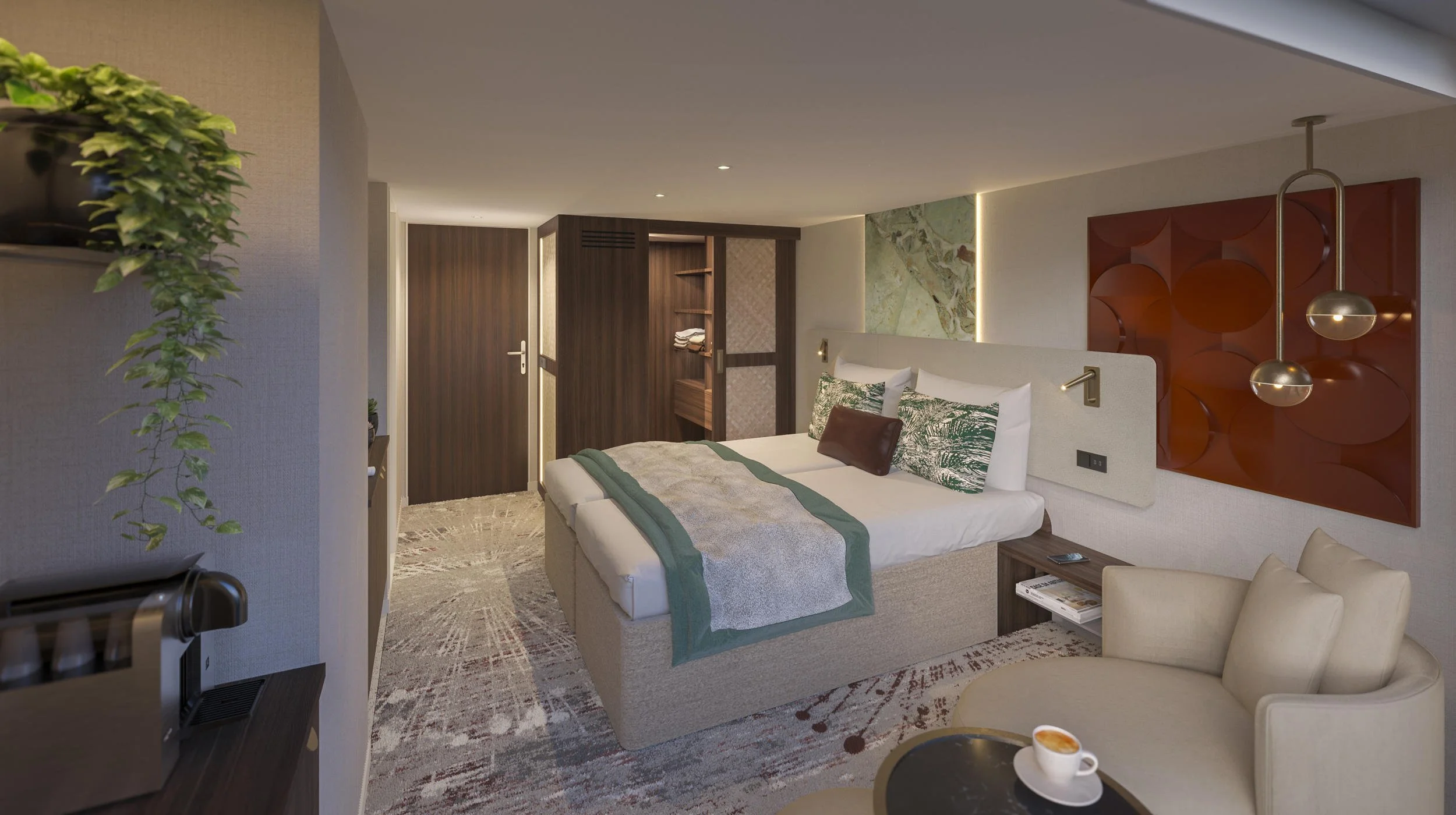 Exclusieve cruise cabin rendering: Custom maritiem interieurontwerp van een luxe hut met walk-in closet en sfeerverlichting. Fotorealistische visualisatie voor scheepsbouwers, interieurstylisten en de cruise-industrie.