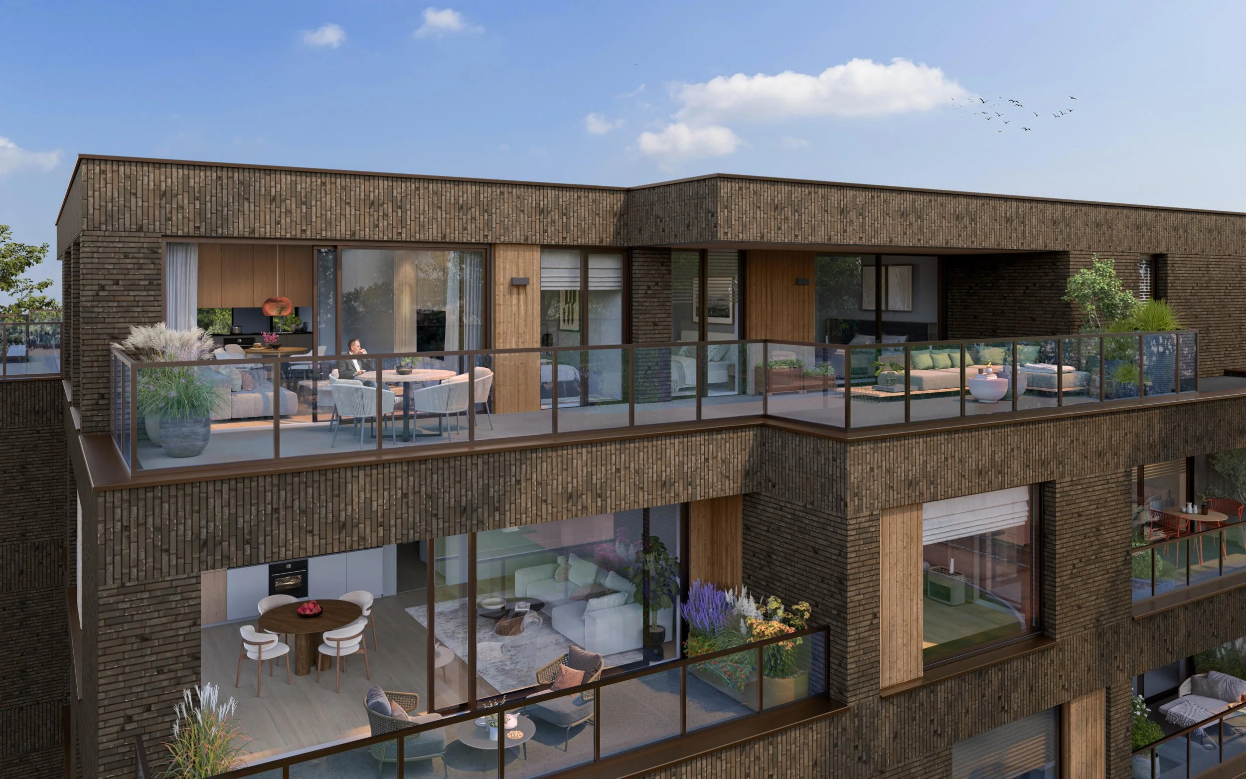 Architecturaal exterieur & balkon: 3D-gevelimpressie van moderne woningbouw met houten details. Focus op buitenruimte en architectonische vormgeving.