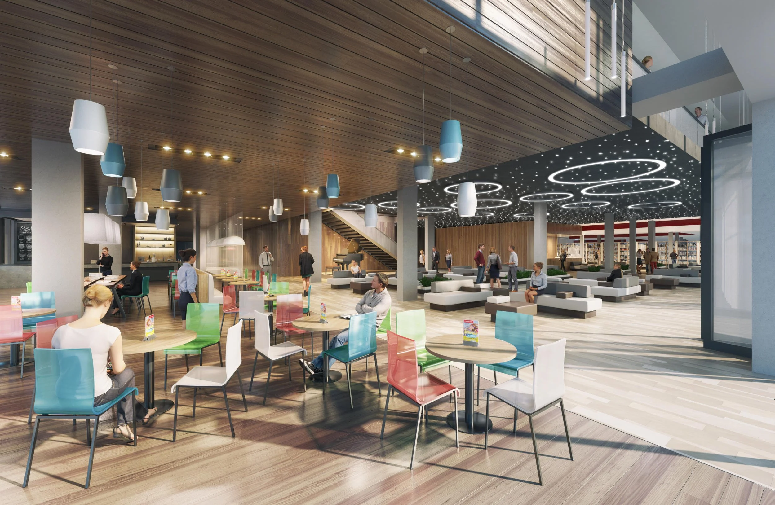 Grootschalig horeca interieur: Moderne kantine of restaurantomgeving met akoestische plafonds. 3D-impressie voor zakelijke projectinrichters.