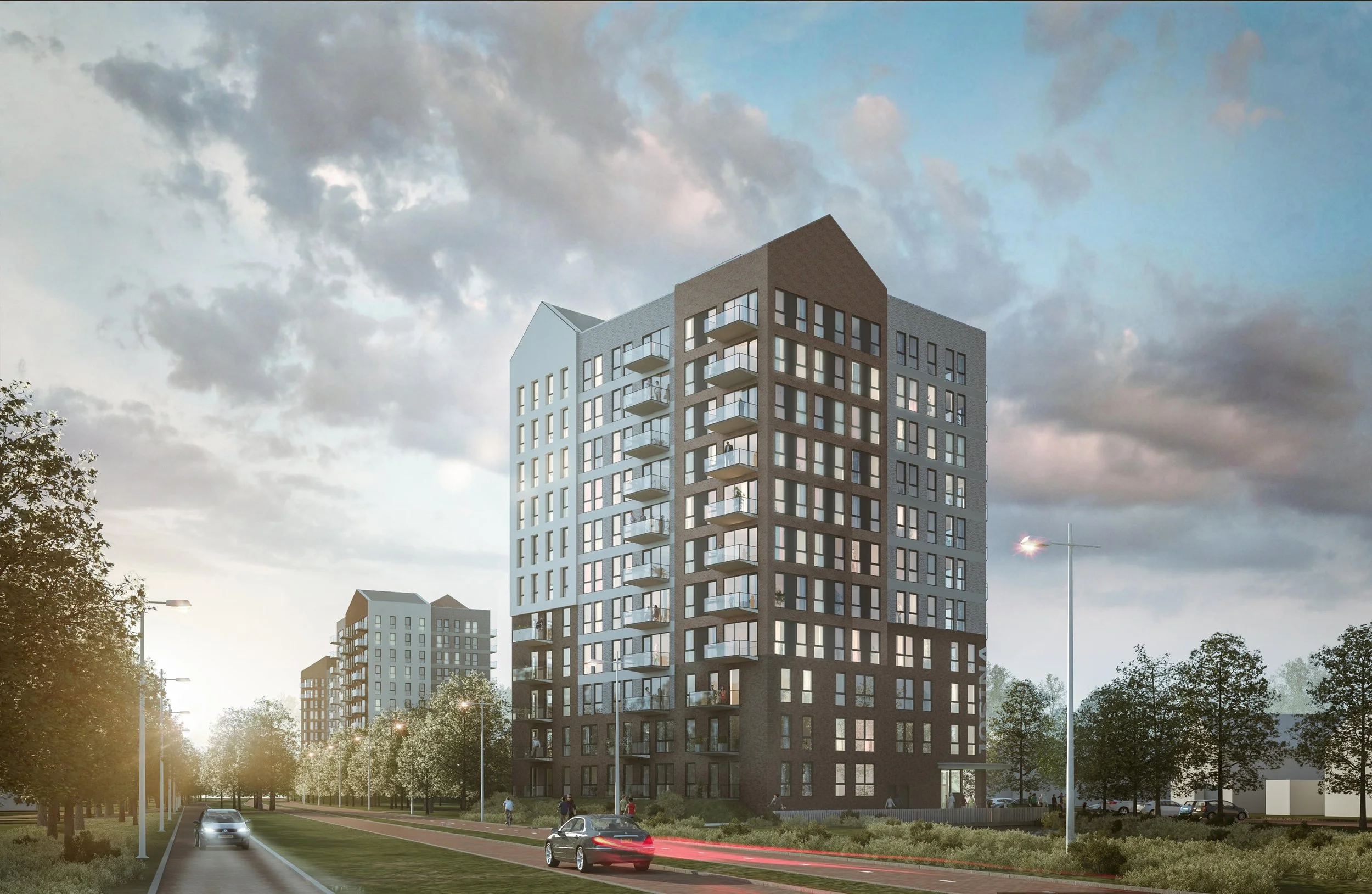 Hoogbouw-ensemble bij schemering: Architecturale rendering van woontorens voor een stedelijke tender. Focus op de 'iconische' waarde van het gebouw in het stadsgezicht.