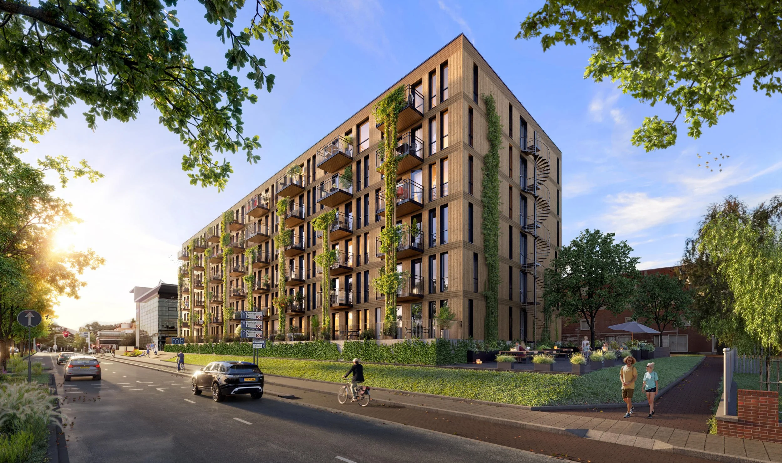 Stedelijke architectuurimpressie van een modern appartementencomplex volledig van hout gebouwd, aan een hoofdweg, met verticale tuin-elementen en een actieve plint. Opdrachtgever Bold Wonen.