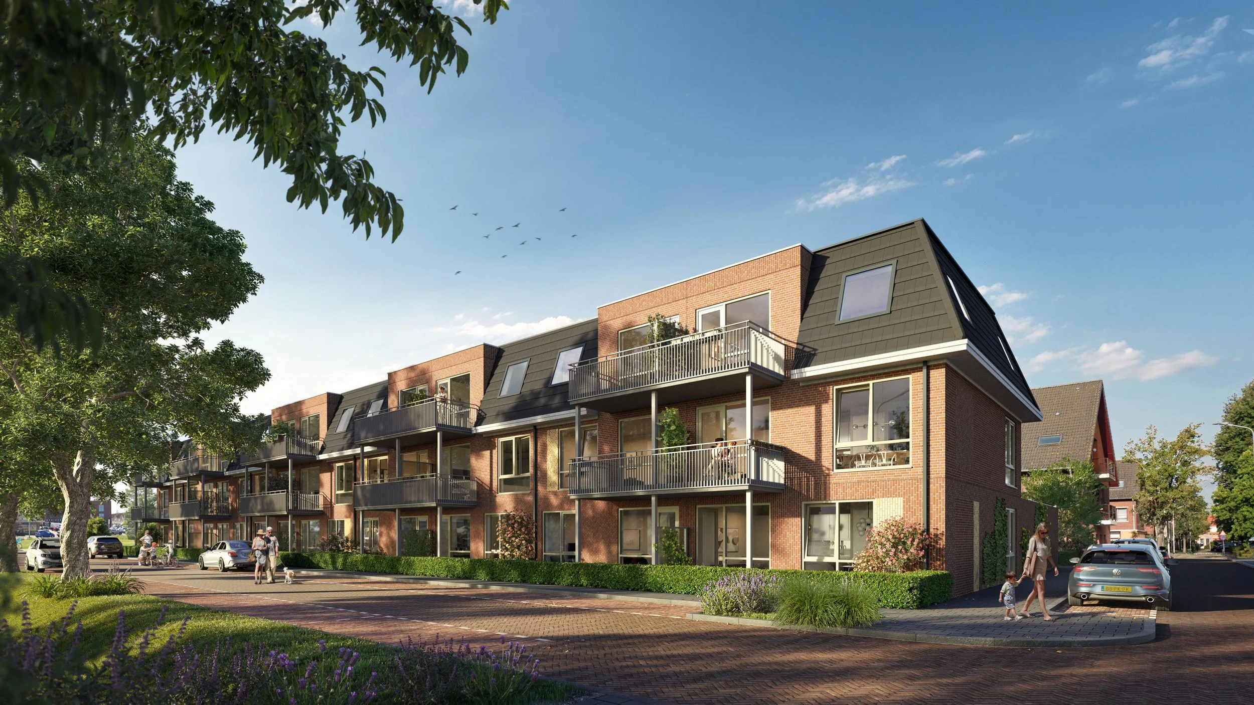 Architectuurvisualisatie van een levendige straat met moderne bakstenen gezinswoningen, voorzien van Franse balkons en een hoogwaardige afwerking van de publieke ruimte.