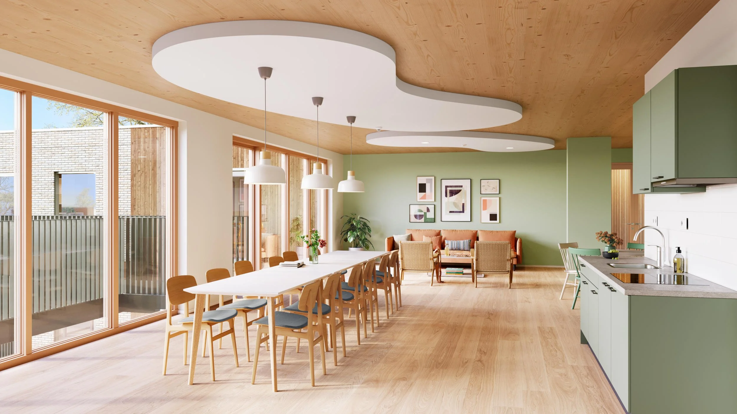 Gezamenlijke huiskamer zorgsector: Warm interieurontwerp met focus op comfort en overzicht. 3D-visualisatie voor zorgvastgoed en architecten.