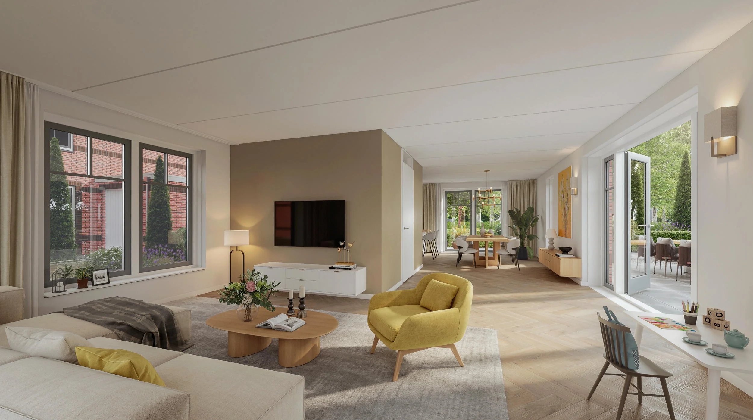 Interieur inrichting visualisatie: Sfeervolle woonkamer met focus op materialisering en lichtinval. 3D-impressie voor vastgoedmarketing en interieuradvies.