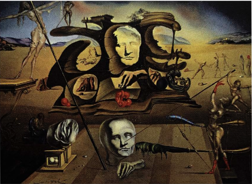 Salvador Dalí's 1945 painting "La Nariz de Napoleón..." featuring surreal landscapes and floating faces.