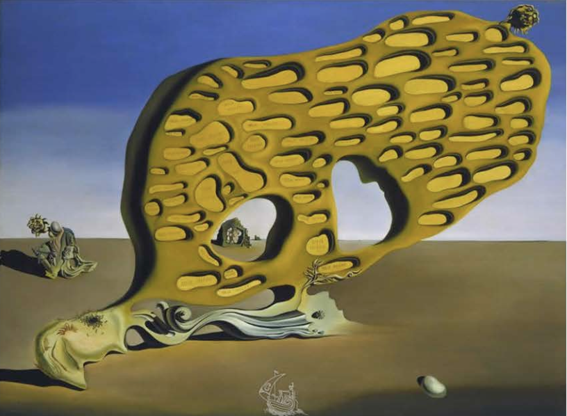 Salvador Dalí's 1929 painting L'Énigme du désir featuring a large yellow organic structure with honeycomb-like cavities.