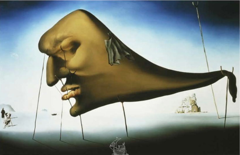 Salvador Dalí's 1937 painting "El Sueño" (The Sleep) featuring a large, distorted face held up by crutches over a blue landscape.
