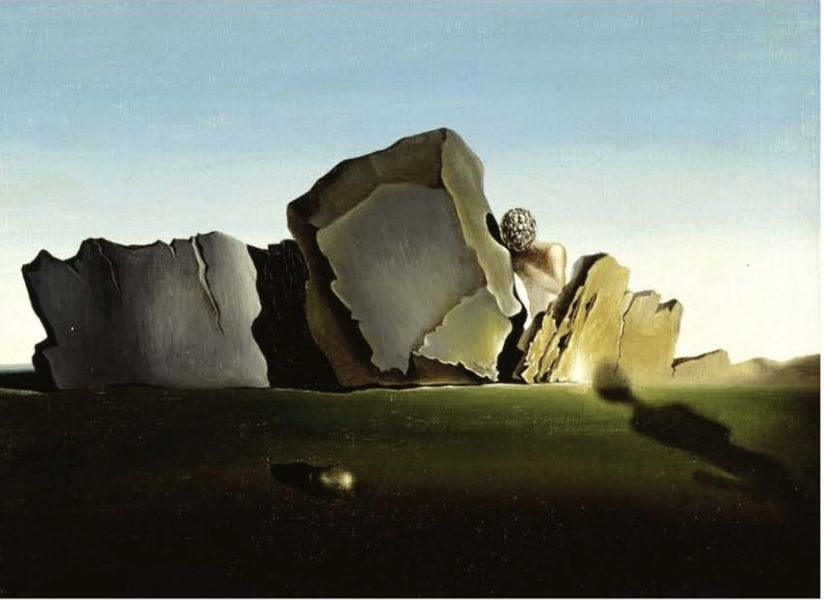 Salvador Dalí's 1931 painting, Simbiosis del Cap de Creus, depicting massive rock formations under a clear sky.