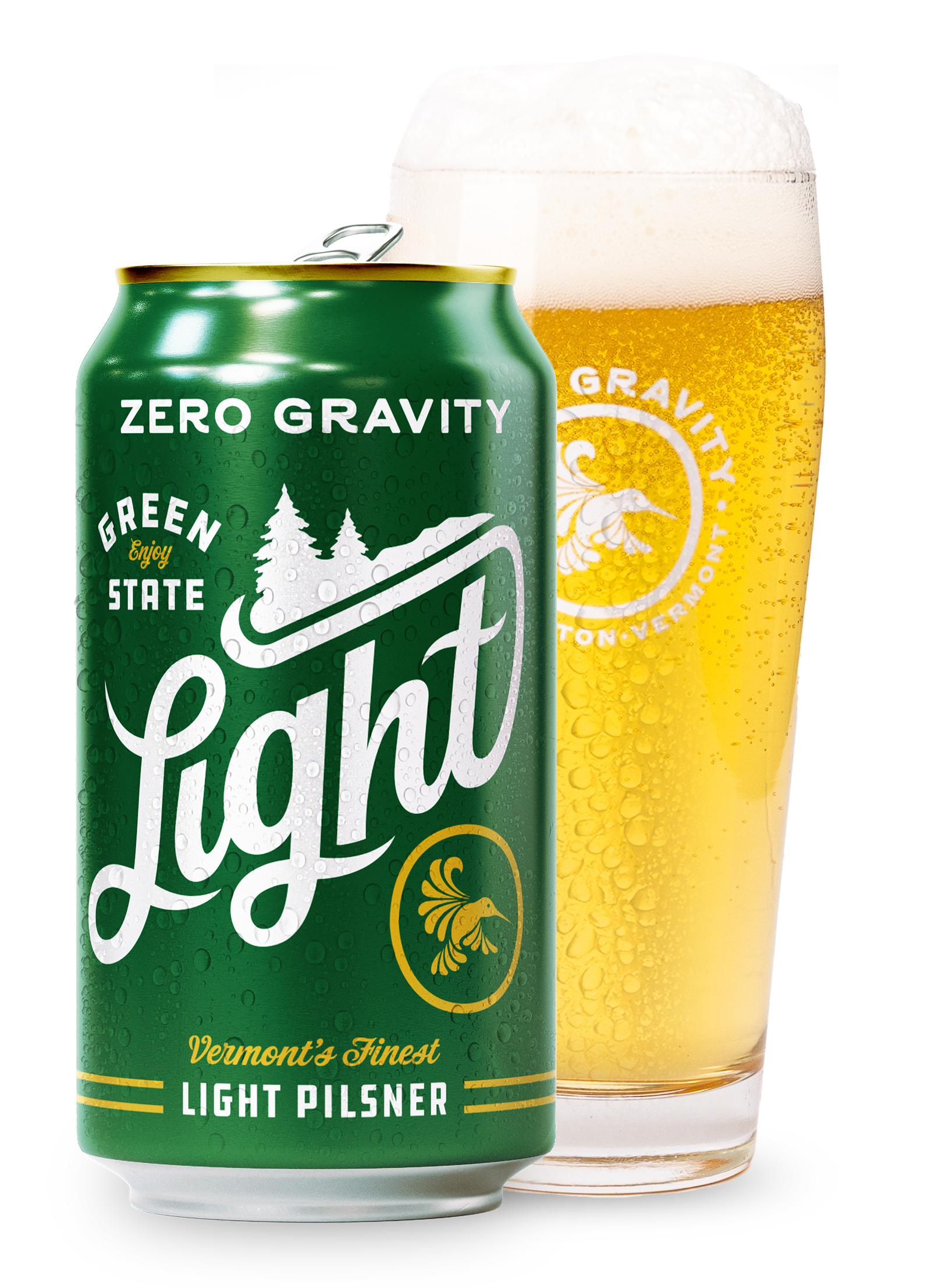 Green state light can of beer in front of a pint glass of beer.