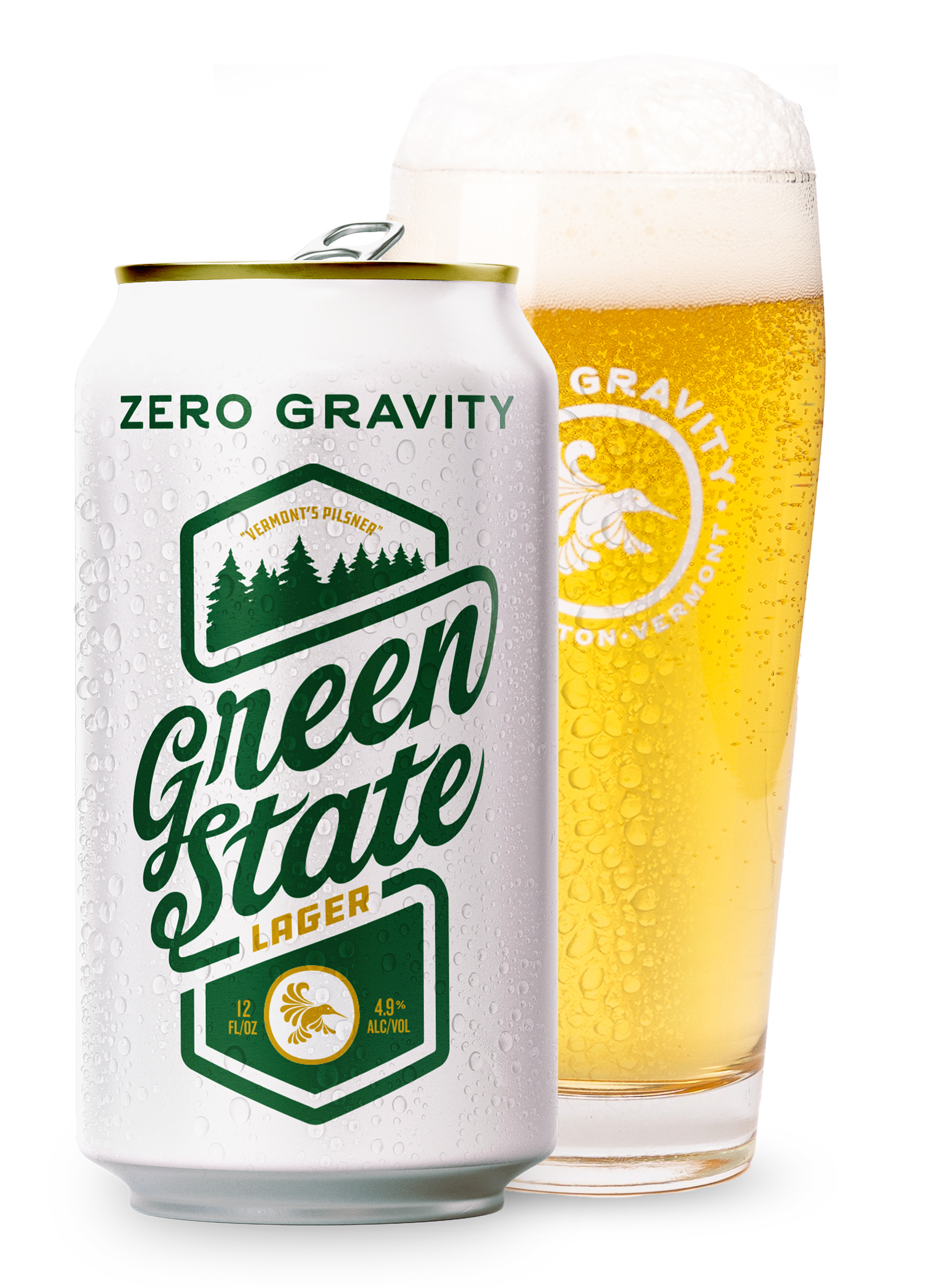 Green state lager can of beer in front of a pint glass of beer.