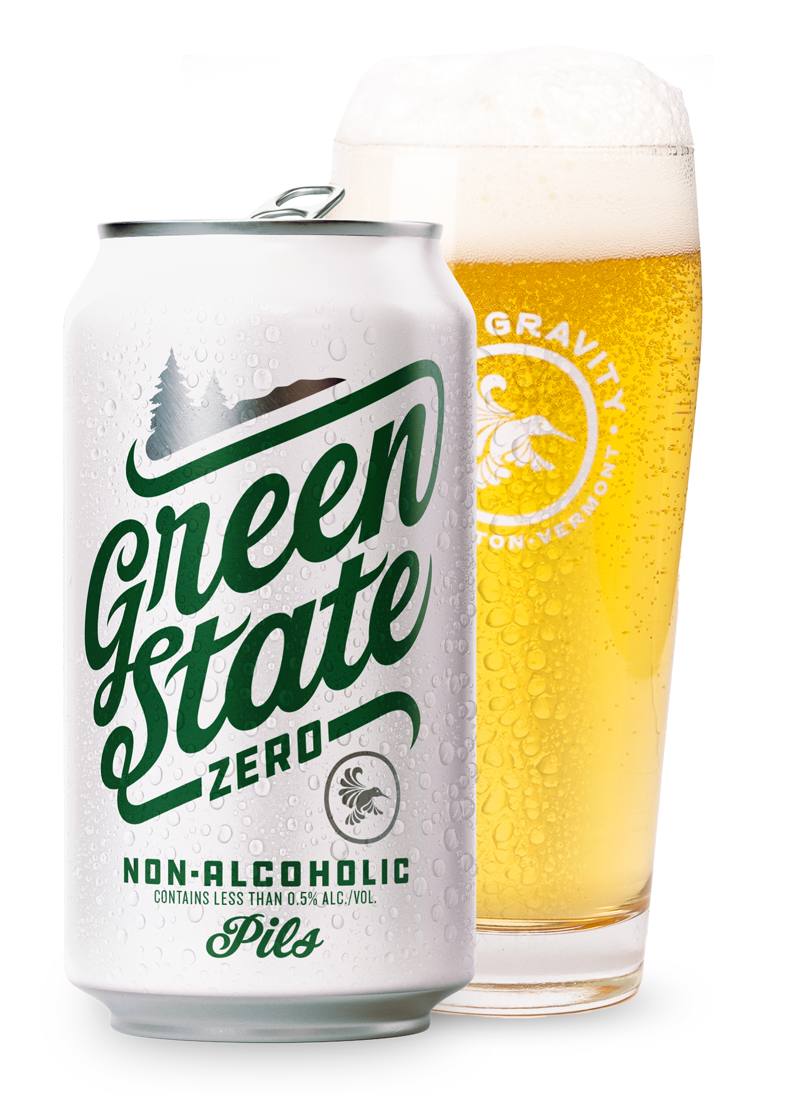 Green state zero can of beer in front of a pint glass of beer.
