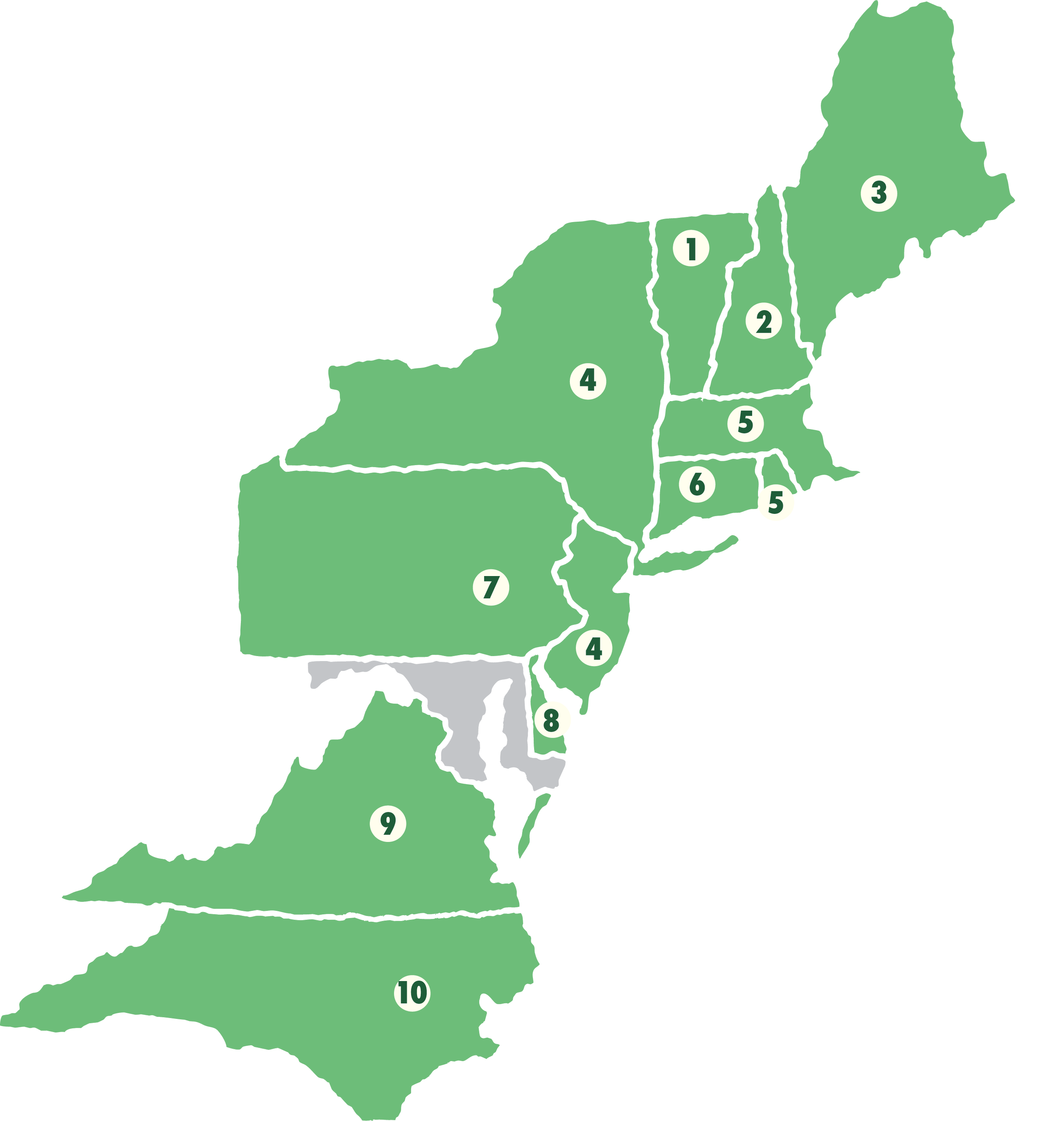 Map showcasing locations of distributors. Vermont, New Hampshire, Maine, New York, New Jersey, Massachusetts, Rhode Island, Conneticut, Pennsylvania, Delaware, Virgina, Washington, D.C, and Wisconsin