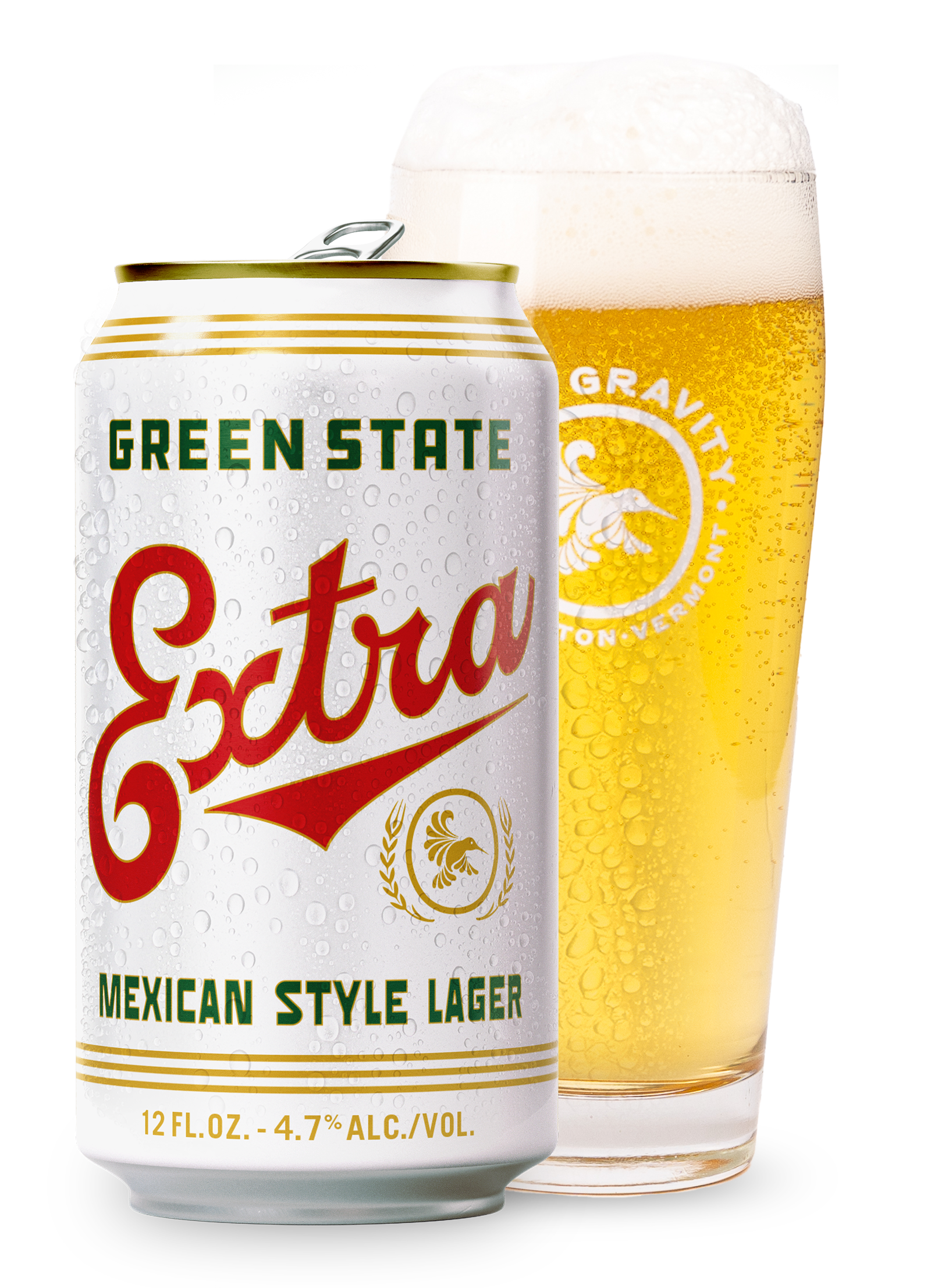 Green state extra can of beer in front of a pint glass of beer.