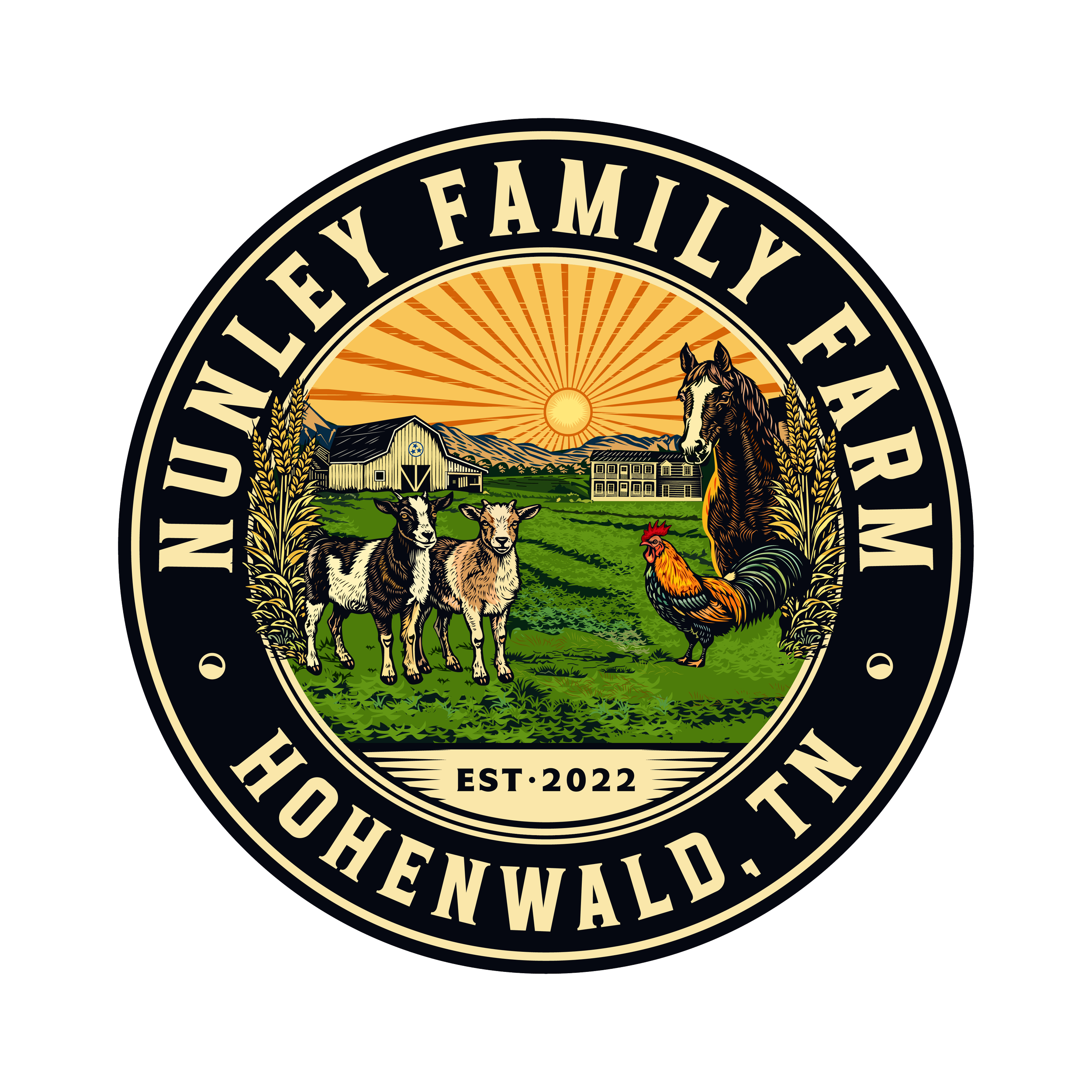 Round emblem featuring a farm scene with a sun setting, mountains, a barn, and a building in the background. In the foreground, there are a goat, a kid, a horse, and a rooster. The border of the emblem reads "NUNLEY FAMILY FARM" and "HOHENWALD, TN," with "EST. 2022" at the bottom.