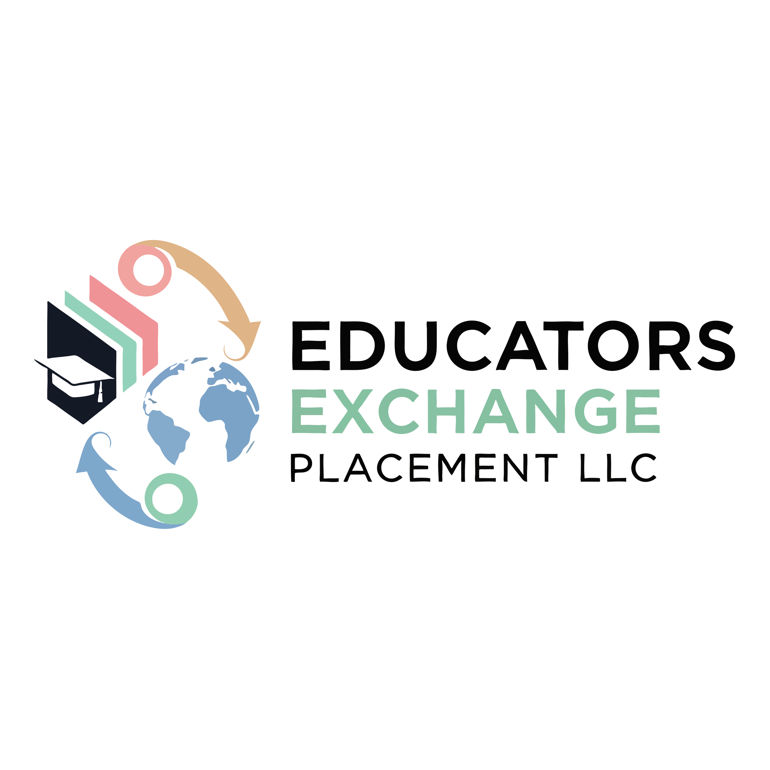 Logo for Educators Exchange Placement LLC, featuring a globe and arrows surrounding a book with a graduation cap.