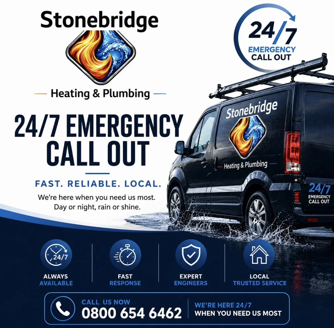 A promotional flyer for Stonebridge Heating & Plumbing advertising 24/7 emergency services with a black service van displaying the company's logo and contact information, featuring icons for always available, fast response, expert engineers, and local trusted service.