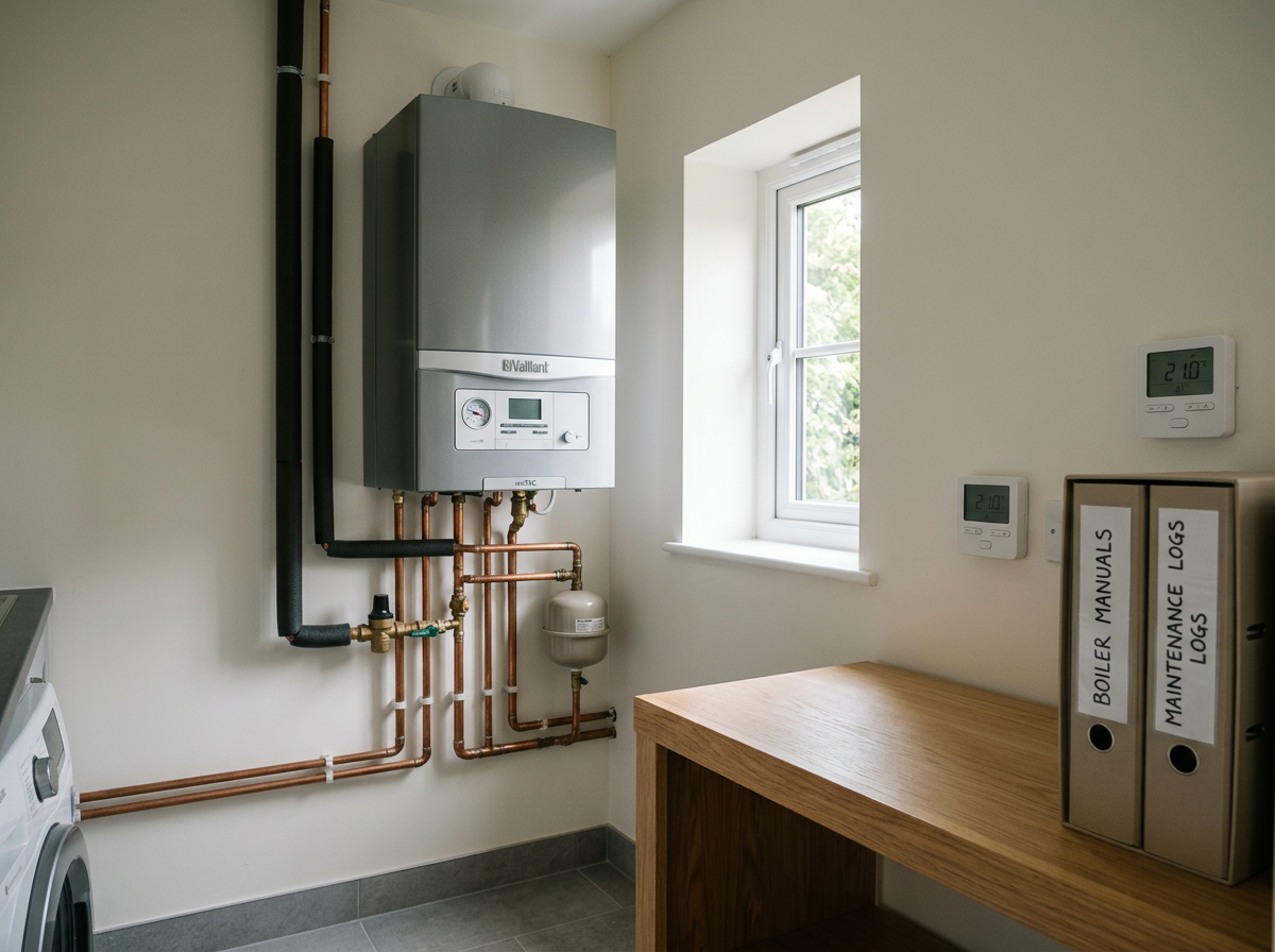 Utility laundry or boiler room with a wall-mounted boiler, copper pipes, a small pressure tank, digital temperature controls on the wall, and a wooden desk with binders labeled 'BOILER MANUALS', 'MAINTENANCE LOGS', and 'LOGS' near a window.