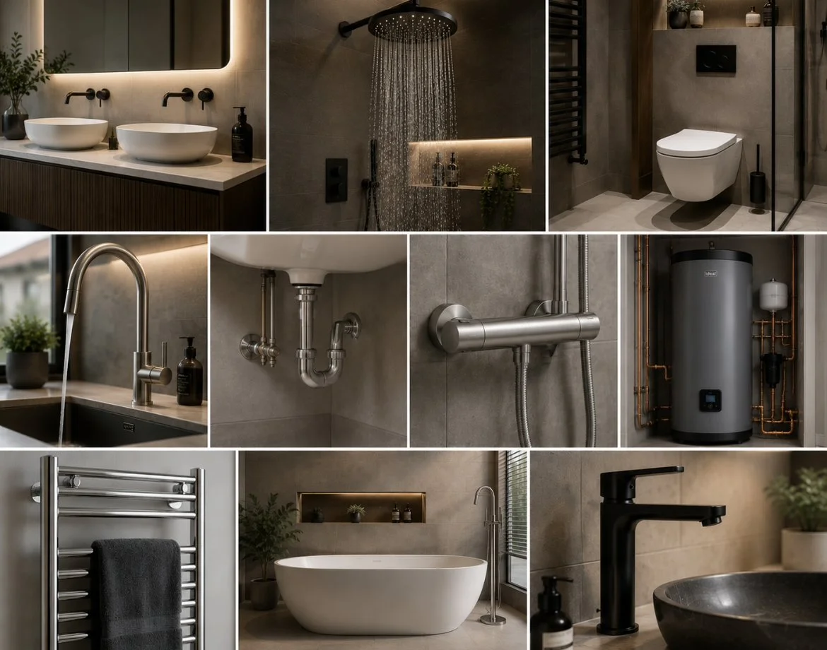 Collage of modern bathroom features including sinks, rain shower, toilet, faucet, plumbing, water heater, towel rack, Bathtub, and vanity with plants and lighting.