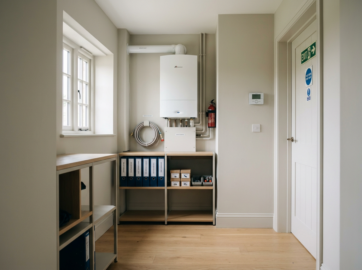 A utility room with a window, a wall-mounted boiler, a coiled hose, and shelves with files and boxes.