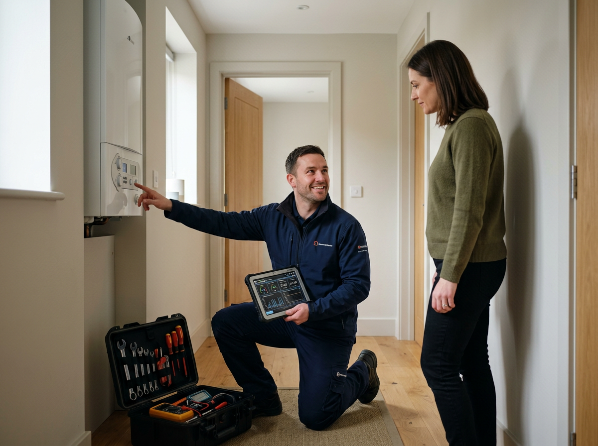 A technician kneeling and talking to a woman indoors, with a toolbox and diagnostic device, inspecting a home water heater.