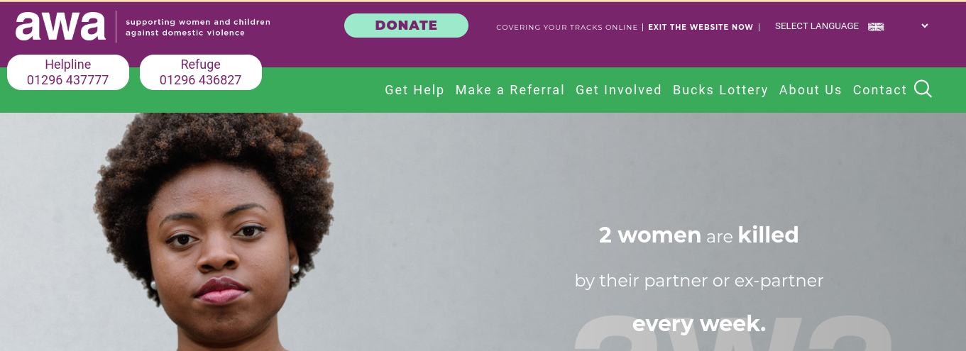 Aylesbury Women's Aid website header with a photo of a Black British woman staring into the camera, and a quote next to it reading '2 women are killed by their partner or ex-partner every week.