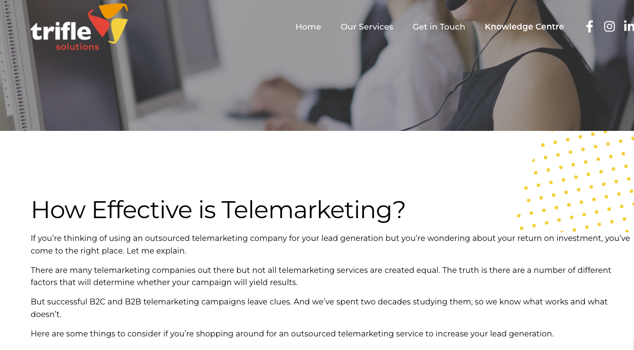 Trifle Solutions blog page snapshot. Title reads, how effective is telemarketing?