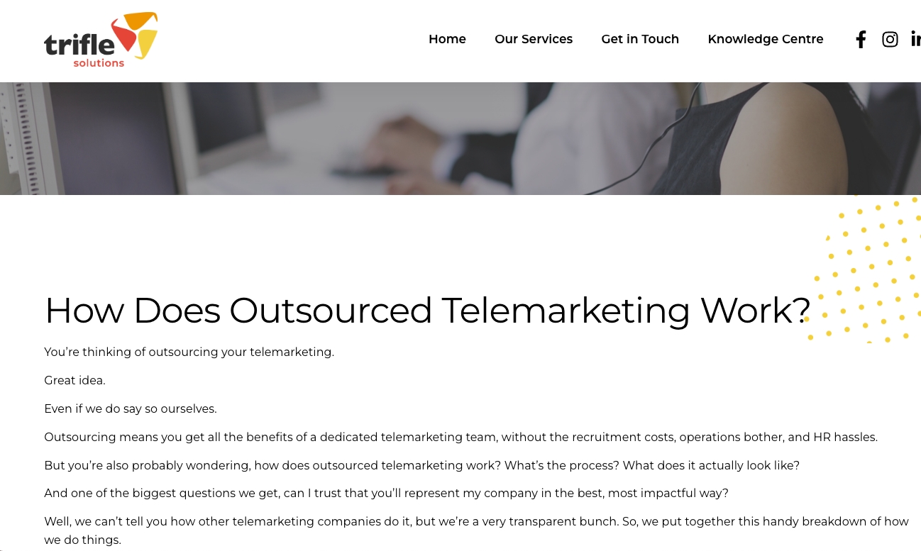 Trifle Solutions blog page snapshot. Title reads, how does outsourced telemarketing work?