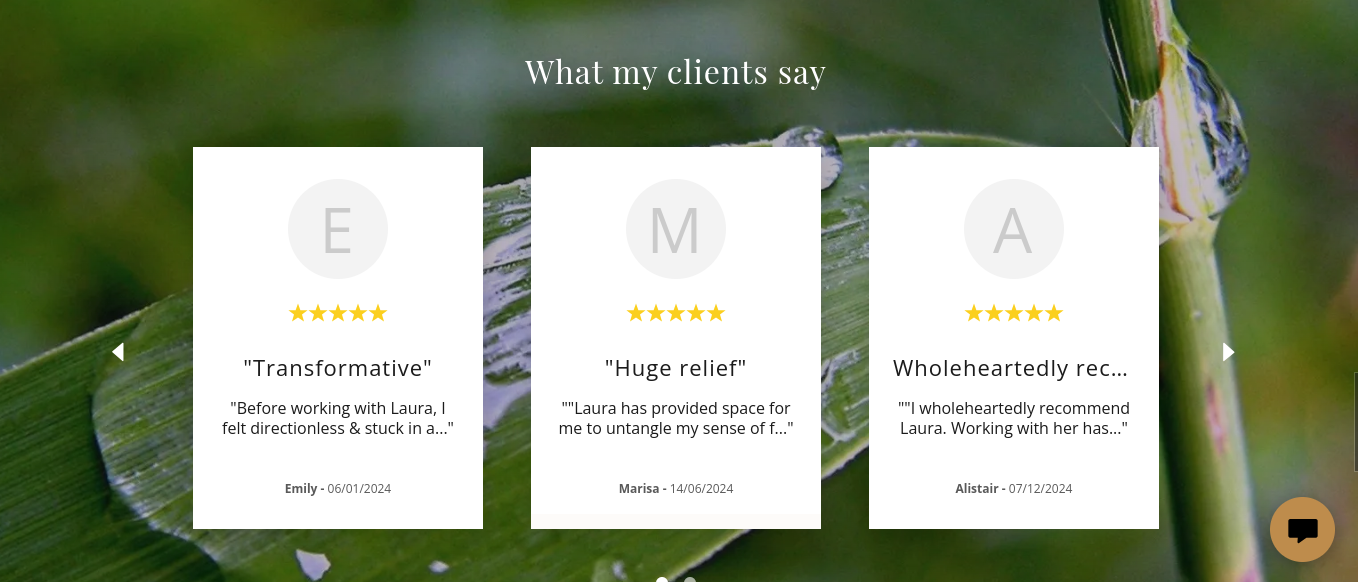 Three testimonials for Laura from clients. All five star.