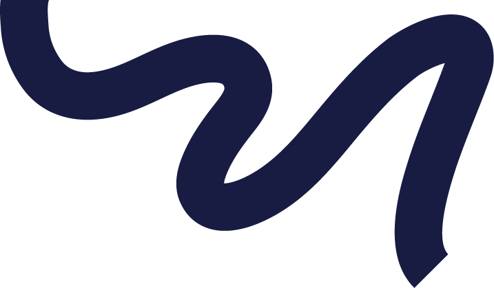 Close-up of a dark blue, stylized cursive letter "M" on a black background.