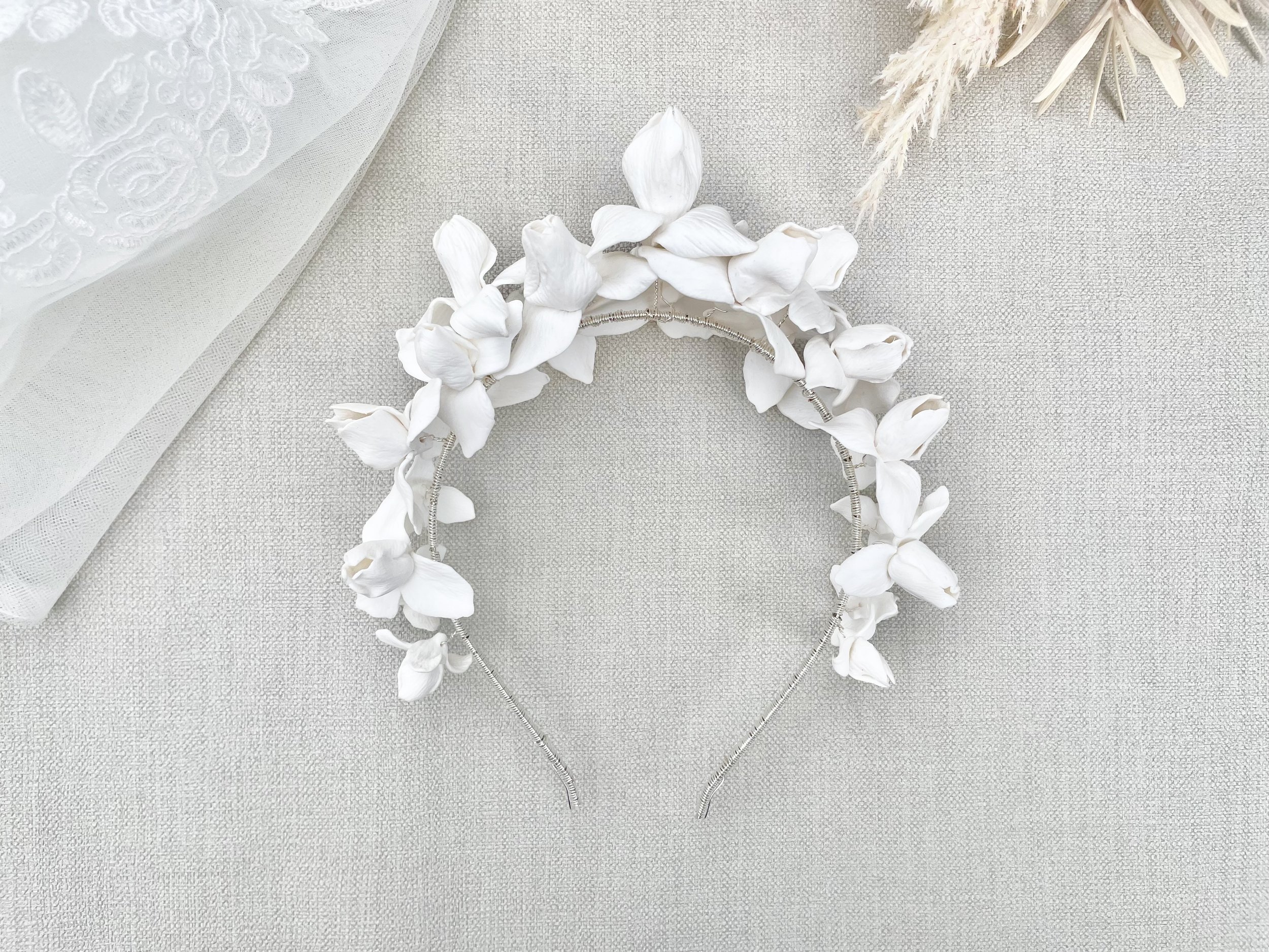 Hand made Designer Jen Gilbert Bridal Crown, delicate clay Iris flowers