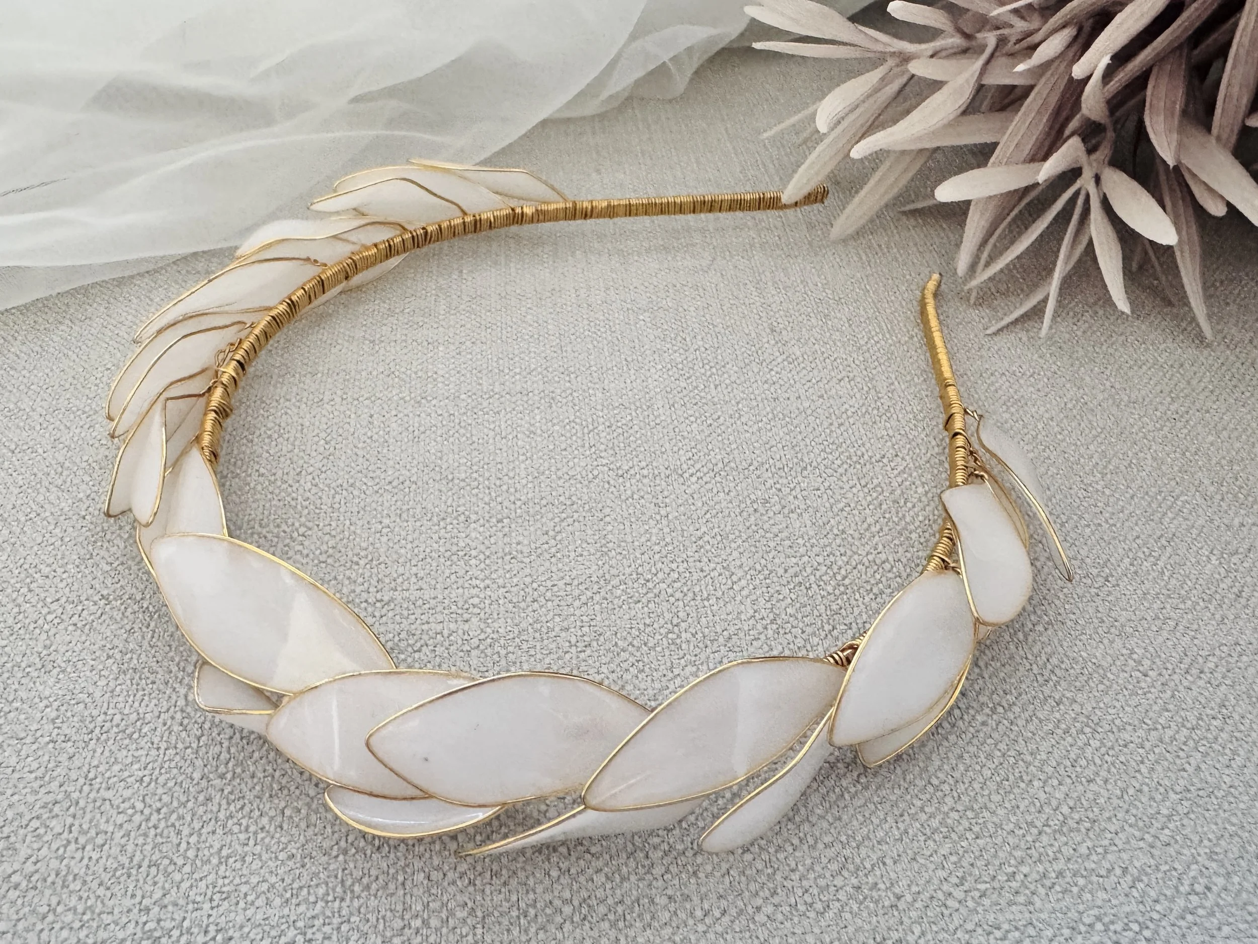 Handcrafted bridal tiara with pearl detailing by UK designer Jen Gilbert Couture Bridal Accessories