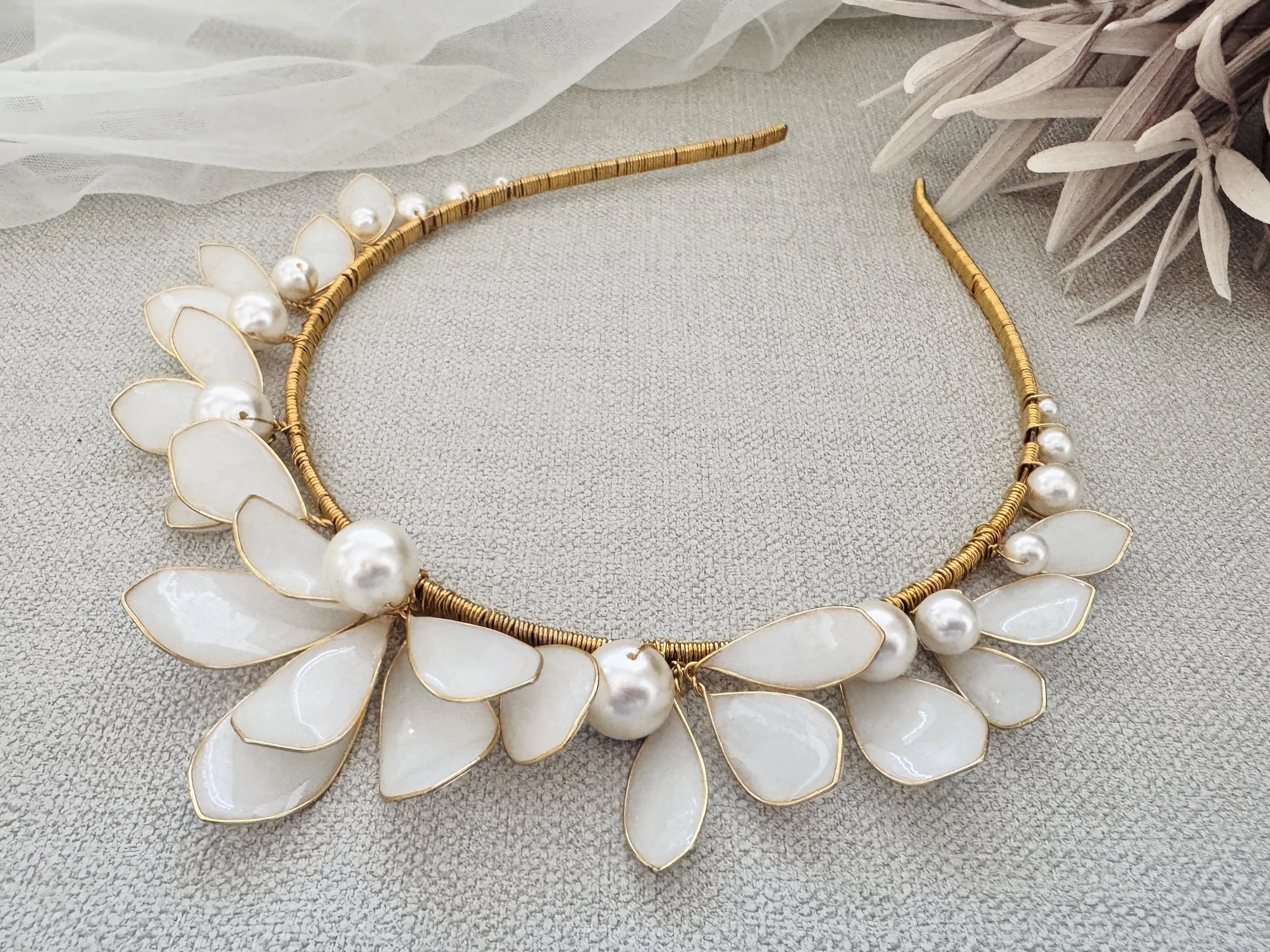 Handcrafted bridal tiara with pearl detailing by UK designer Jen Gilbert Couture Bridal Accessories