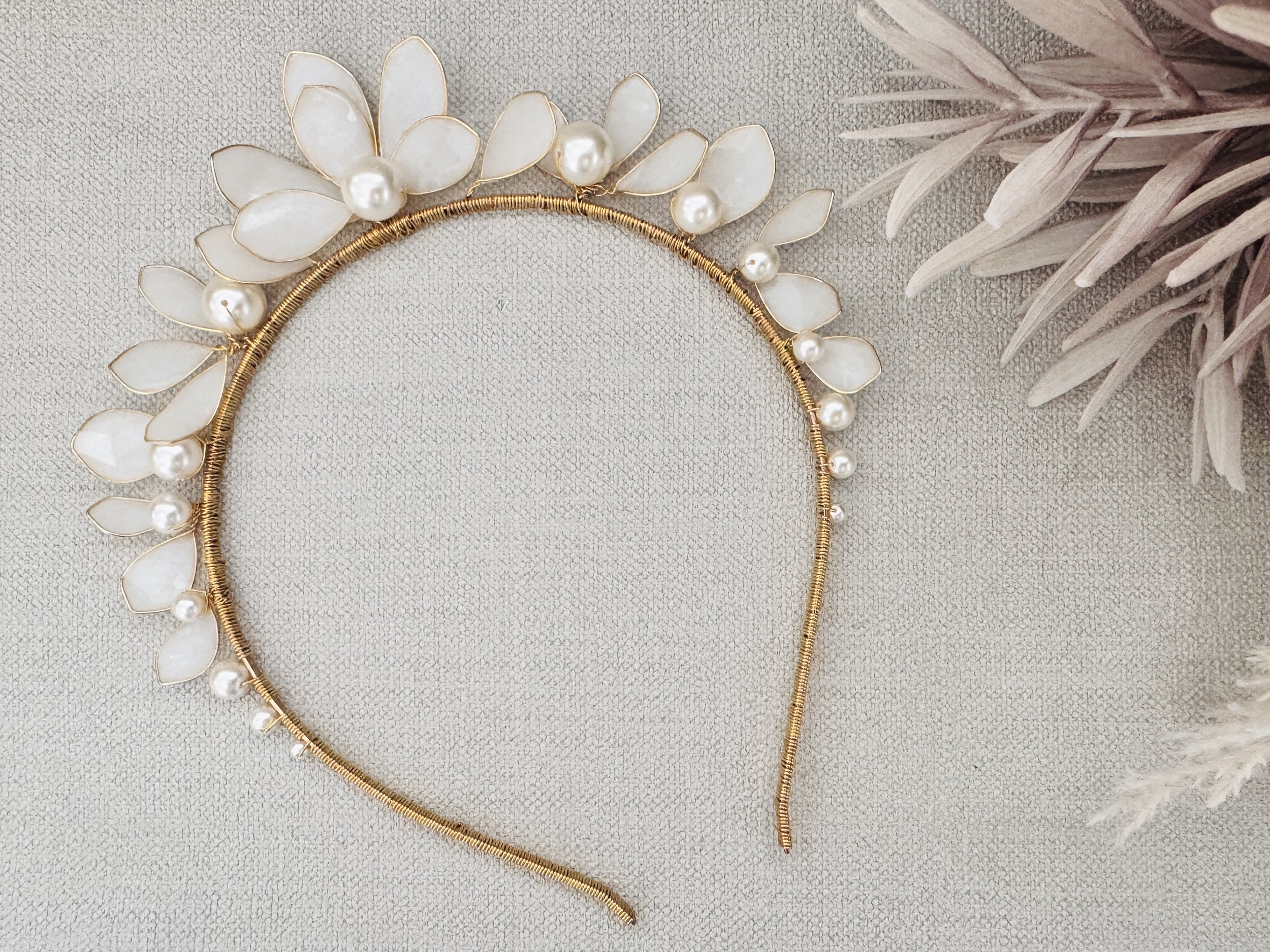 Handcrafted bridal tiara with pearl detailing by UK designer Jen Gilbert Couture Bridal Accessories