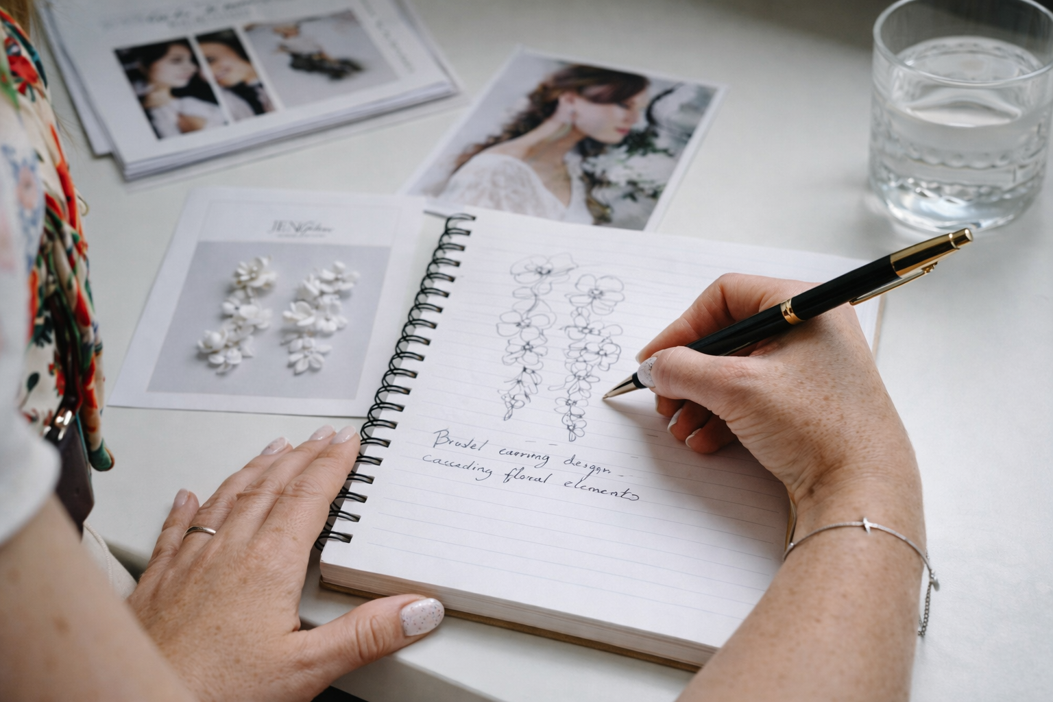 Over-the-shoulder view of a bridal accessory designer sketching a floral crown in a notebook, with white clay flowers and beads arranged on the desk beside the drawing to demonstrate the bespoke design process.