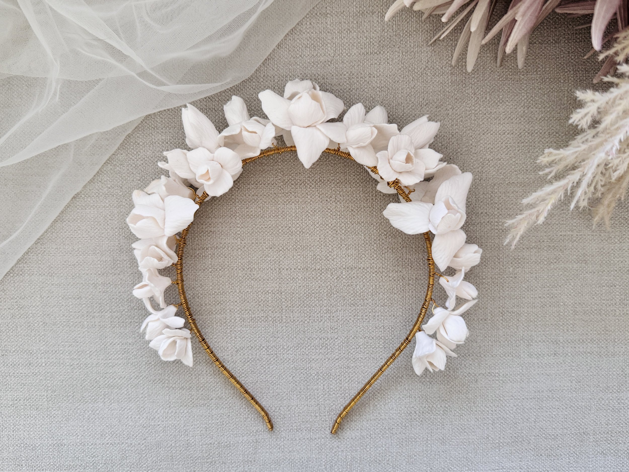 Hnadmade couture bridal crown, clay iris florals handwired to a bridal tiara