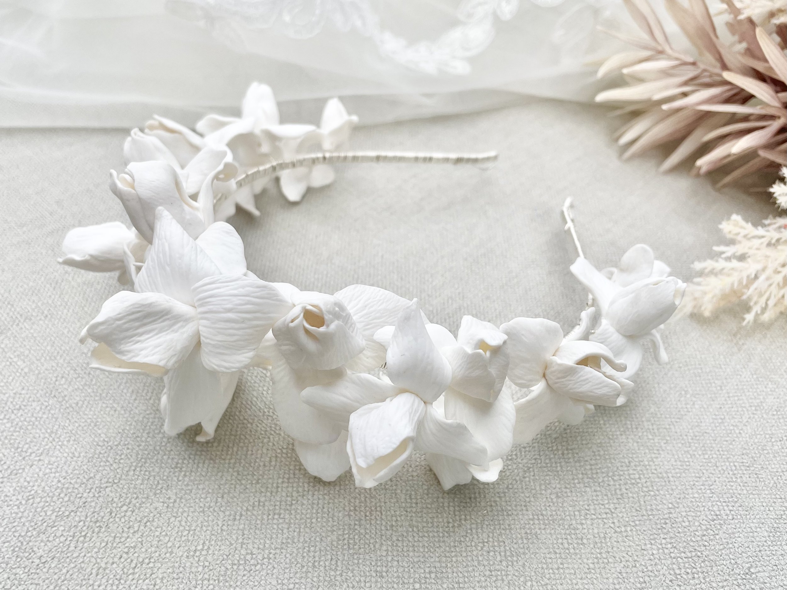 Hand made Designer Jen Gilbert Bridal Crown, delicate clay Iris flowers