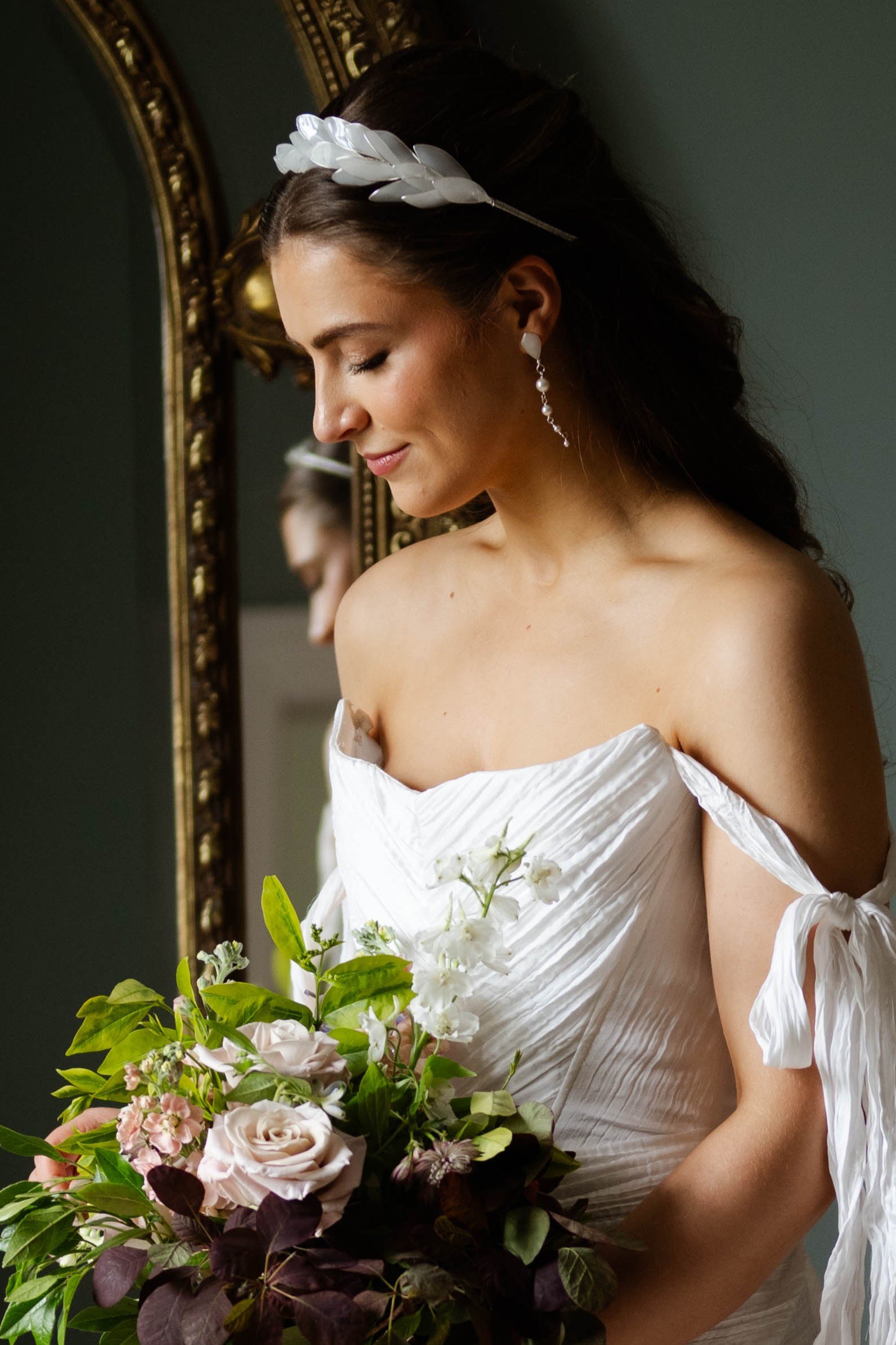 Bride styled with a pearl bridal headpiece and jewellery by Jen Gilbert Couture Bridal Accessories