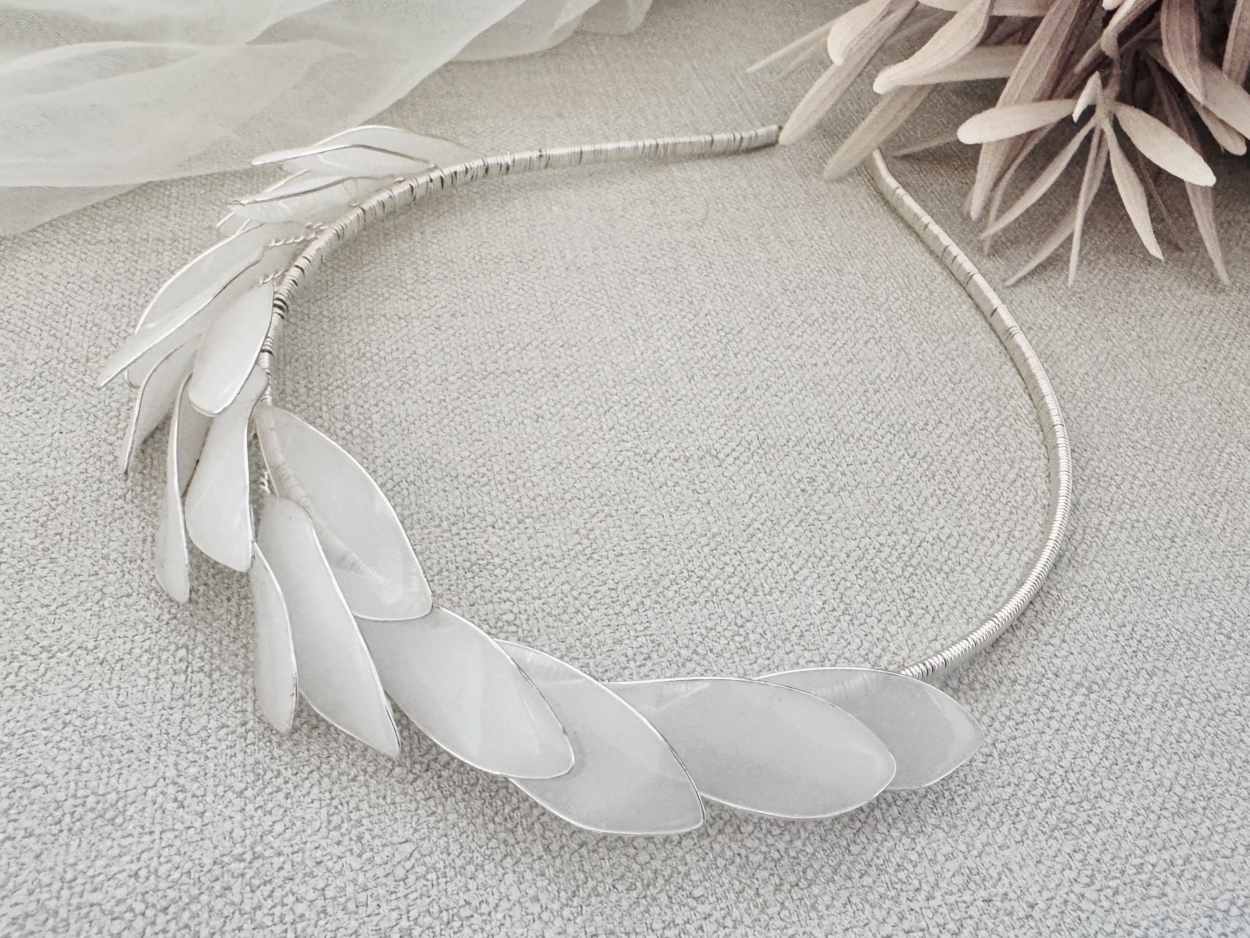 Modern bridal hair accessory with sculpted details and pearls by Jen Gilbert