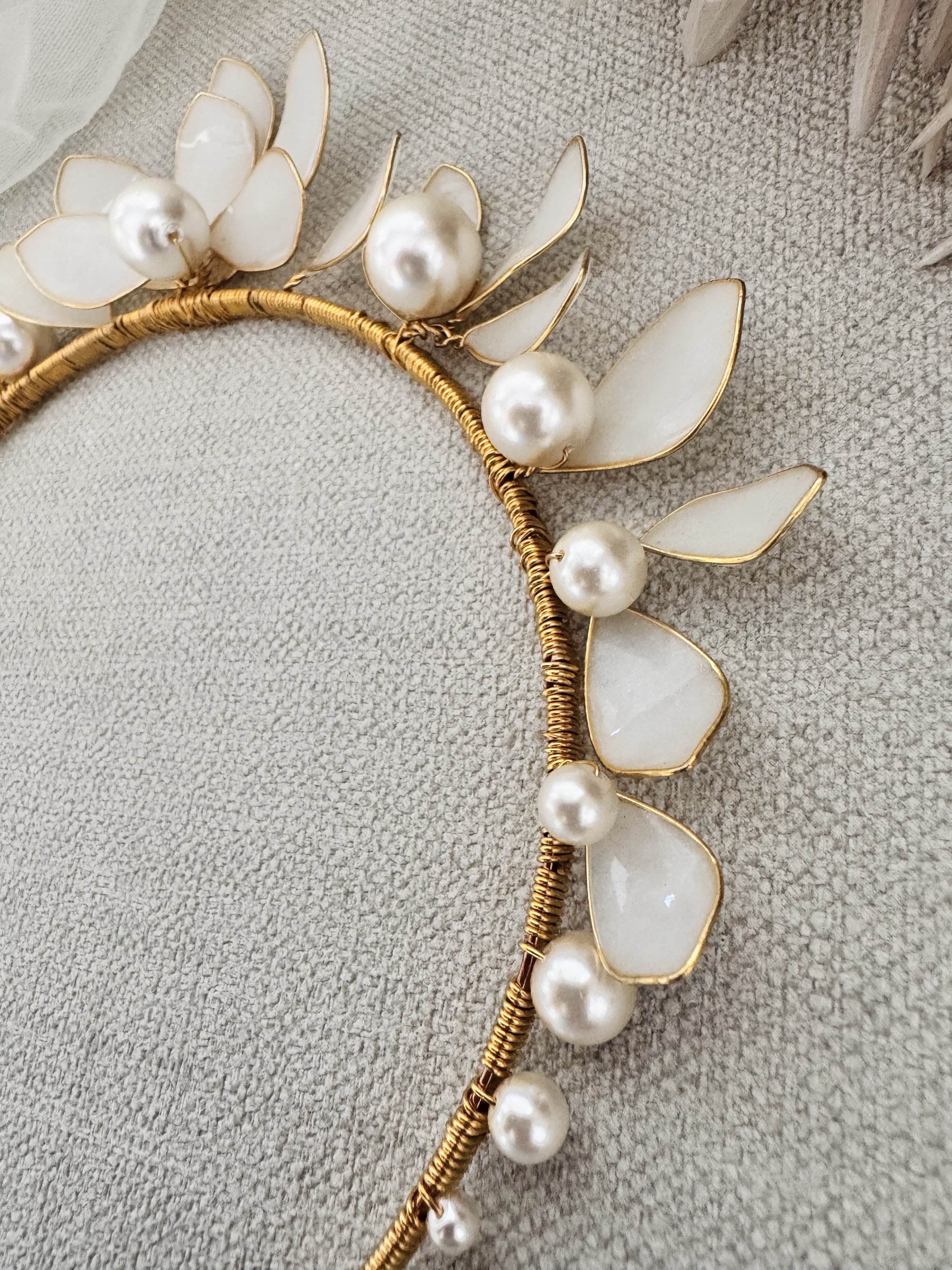 Handcrafted bridal tiara with pearl detailing by UK designer Jen Gilbert Couture Bridal Accessories