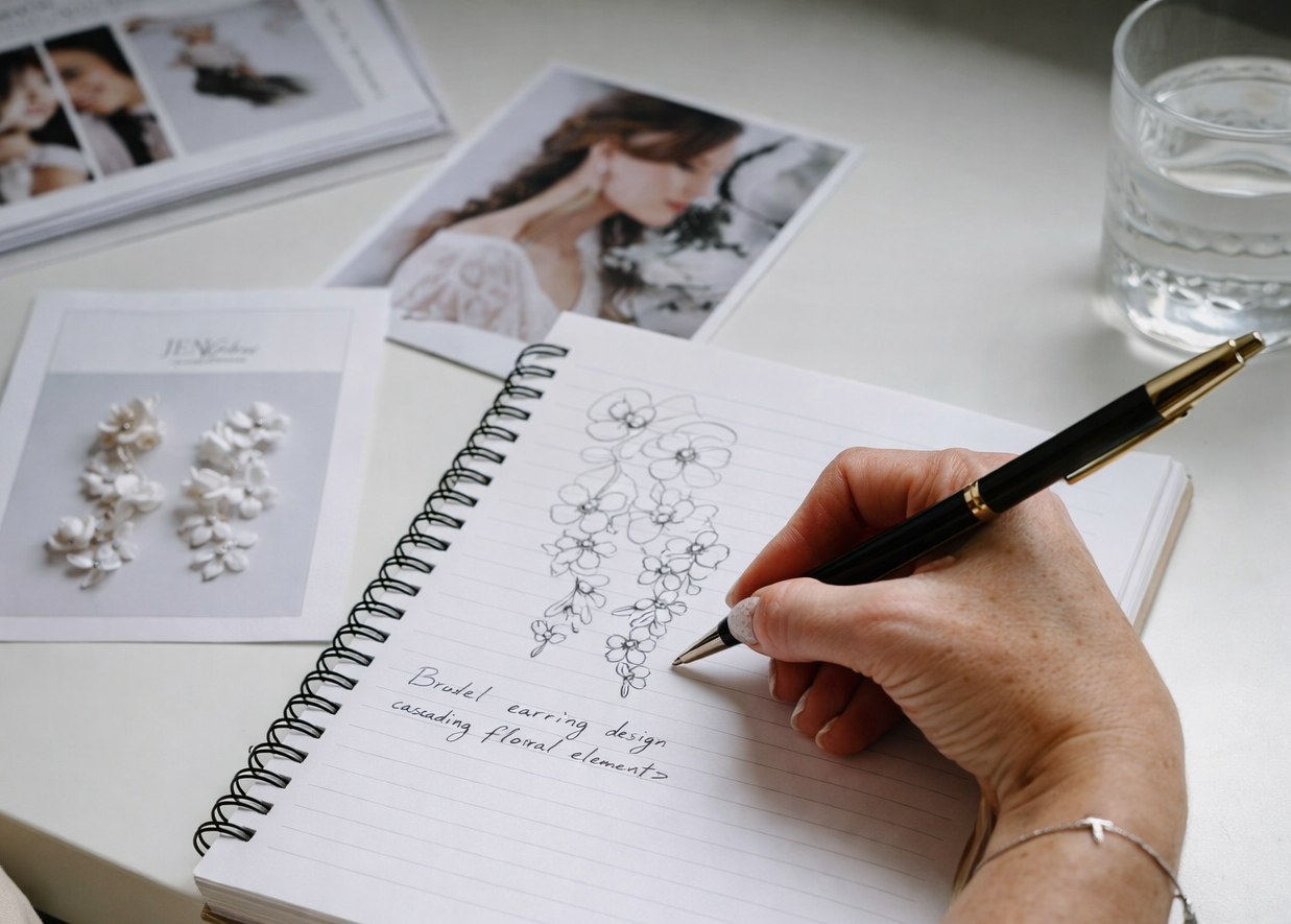 A person sketches a floral earring design in a notebook, surrounded by magazine photos and jewelry samples on a white table, with a glass of water nearby.