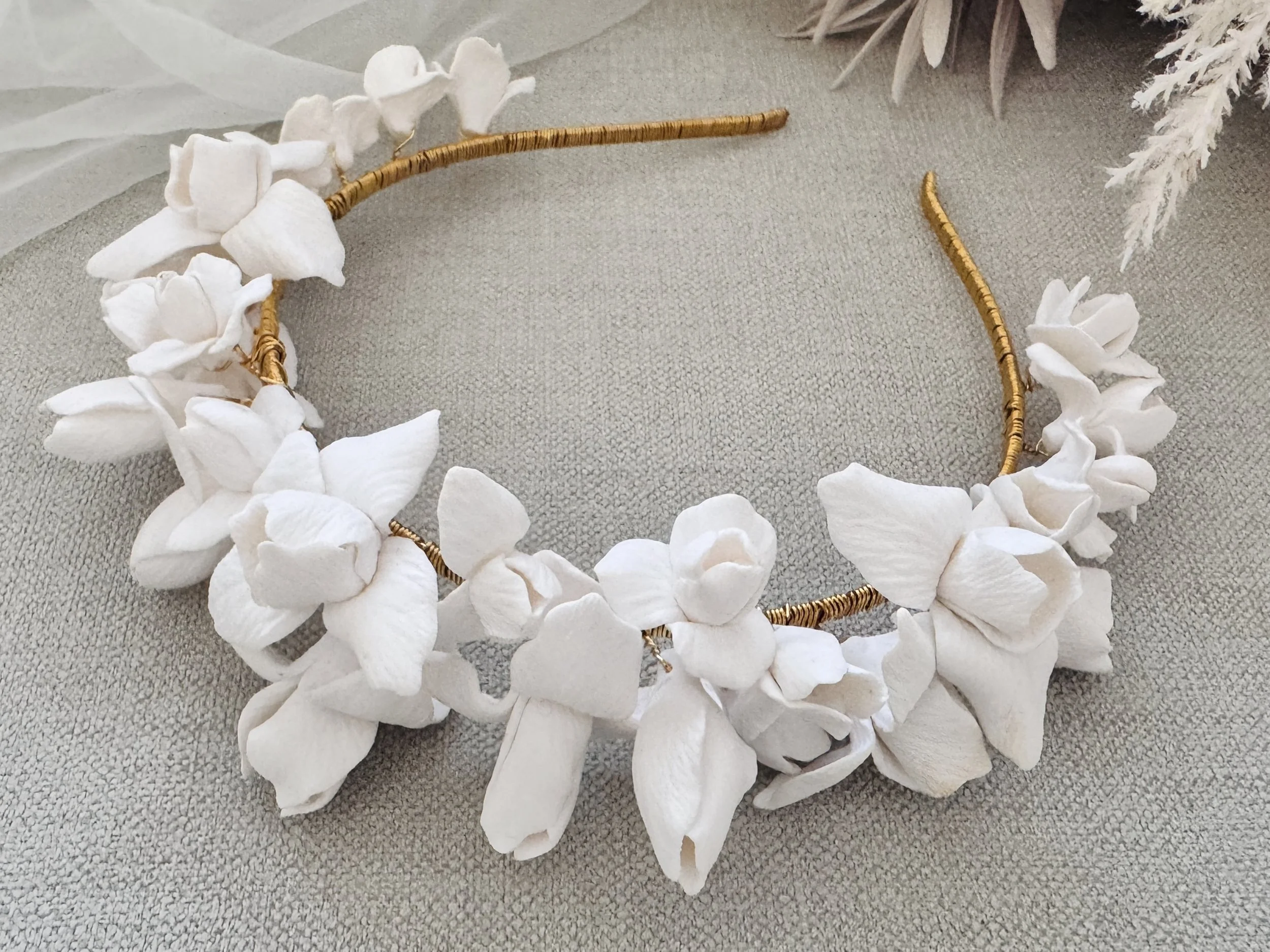 Hnadmade couture bridal crown, clay iris florals handwired to a bridal tiara