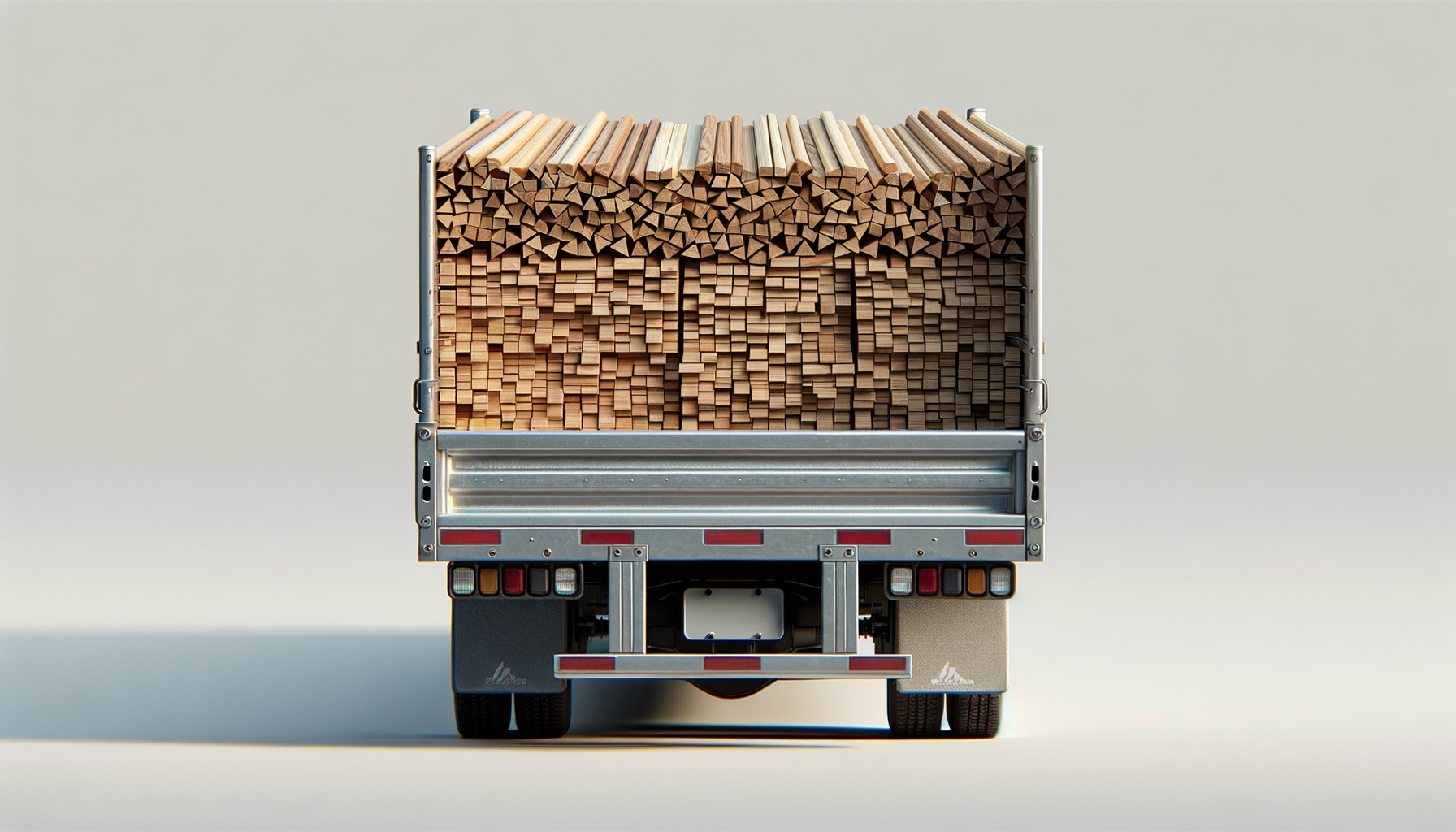 Back of a pickup truck loaded with cut wooden pieces and logs in a storage rack.