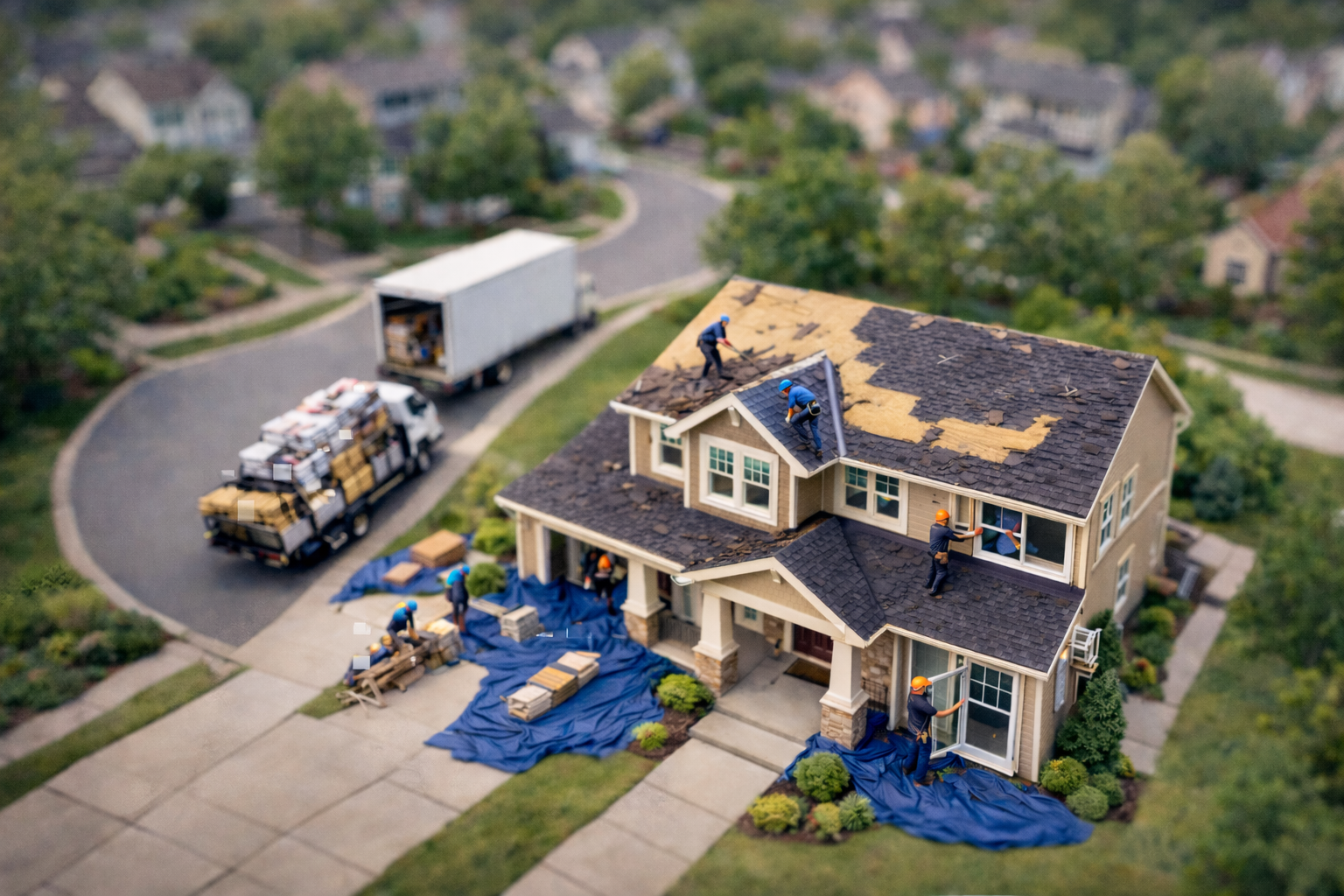 A house undergoing roof repair with workers replacing shingles on the roof, some standing on the roof and others working on the ground. There are trucks and supplies nearby, and the neighborhood has green trees and other houses in the background.