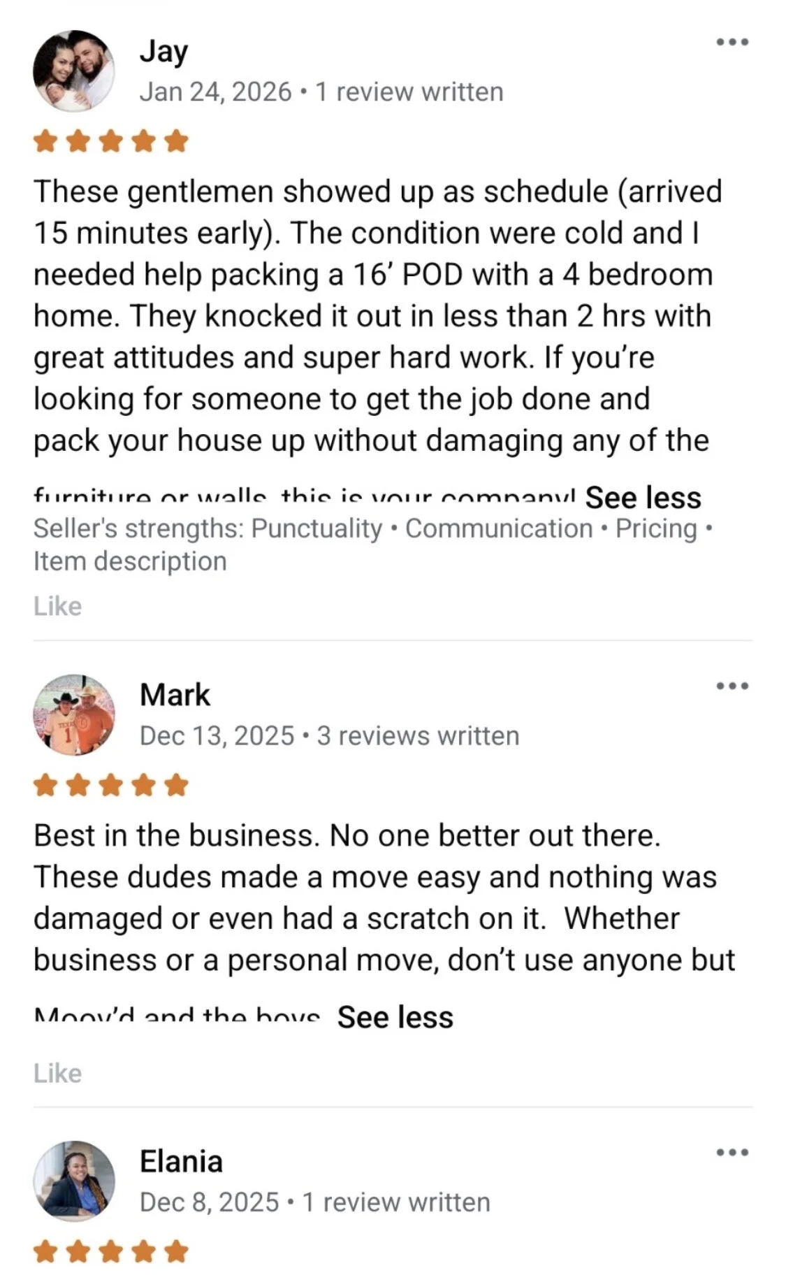 Screenshots of three five-star reviews on a website, featuring photos of three different people.