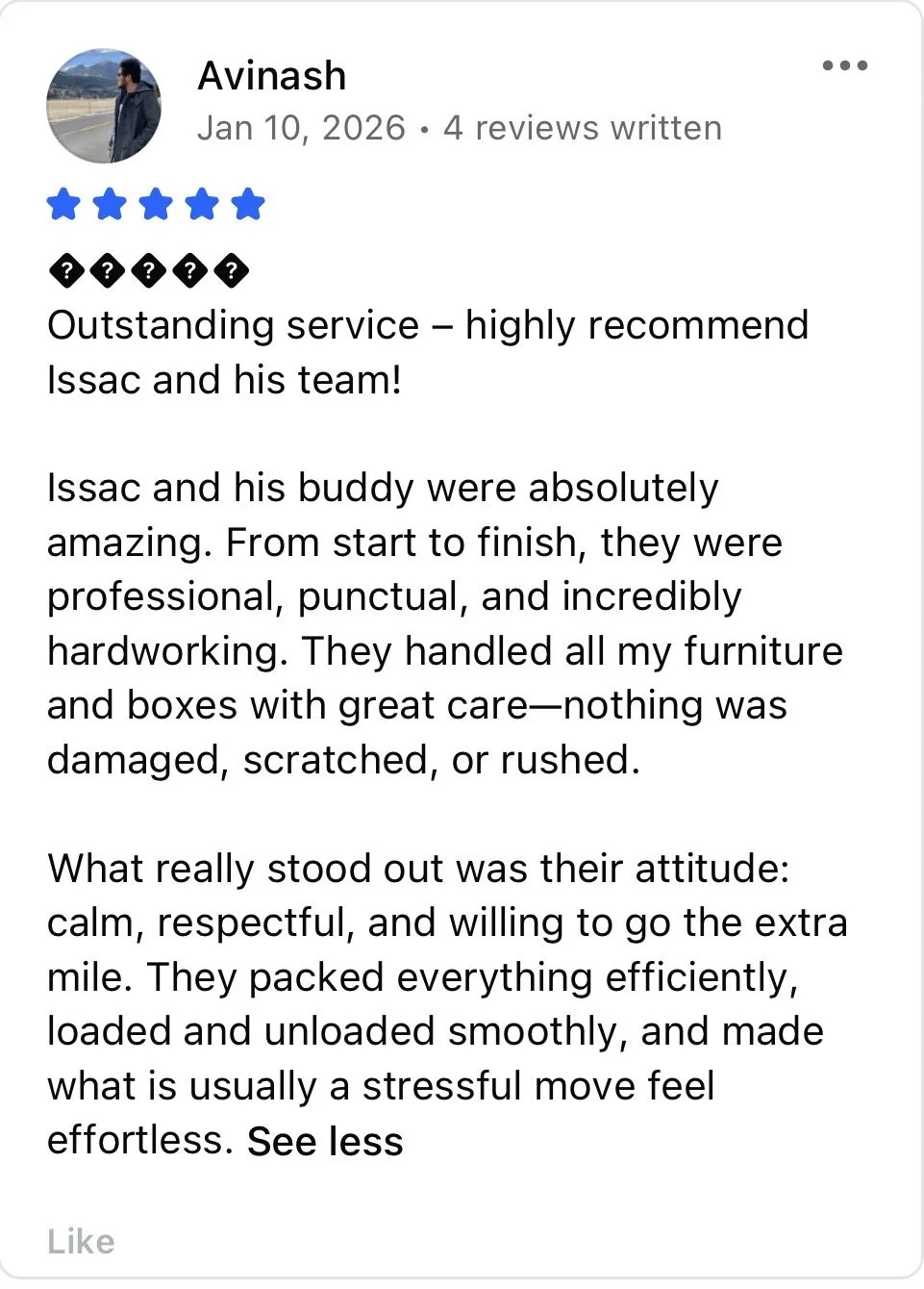Screenshot of a Facebook review by Avinash dated January 10, 2026, with a five-star rating and positive comments about Isaac and his team, praising their professionalism, punctuality, and attitude while handling furniture.